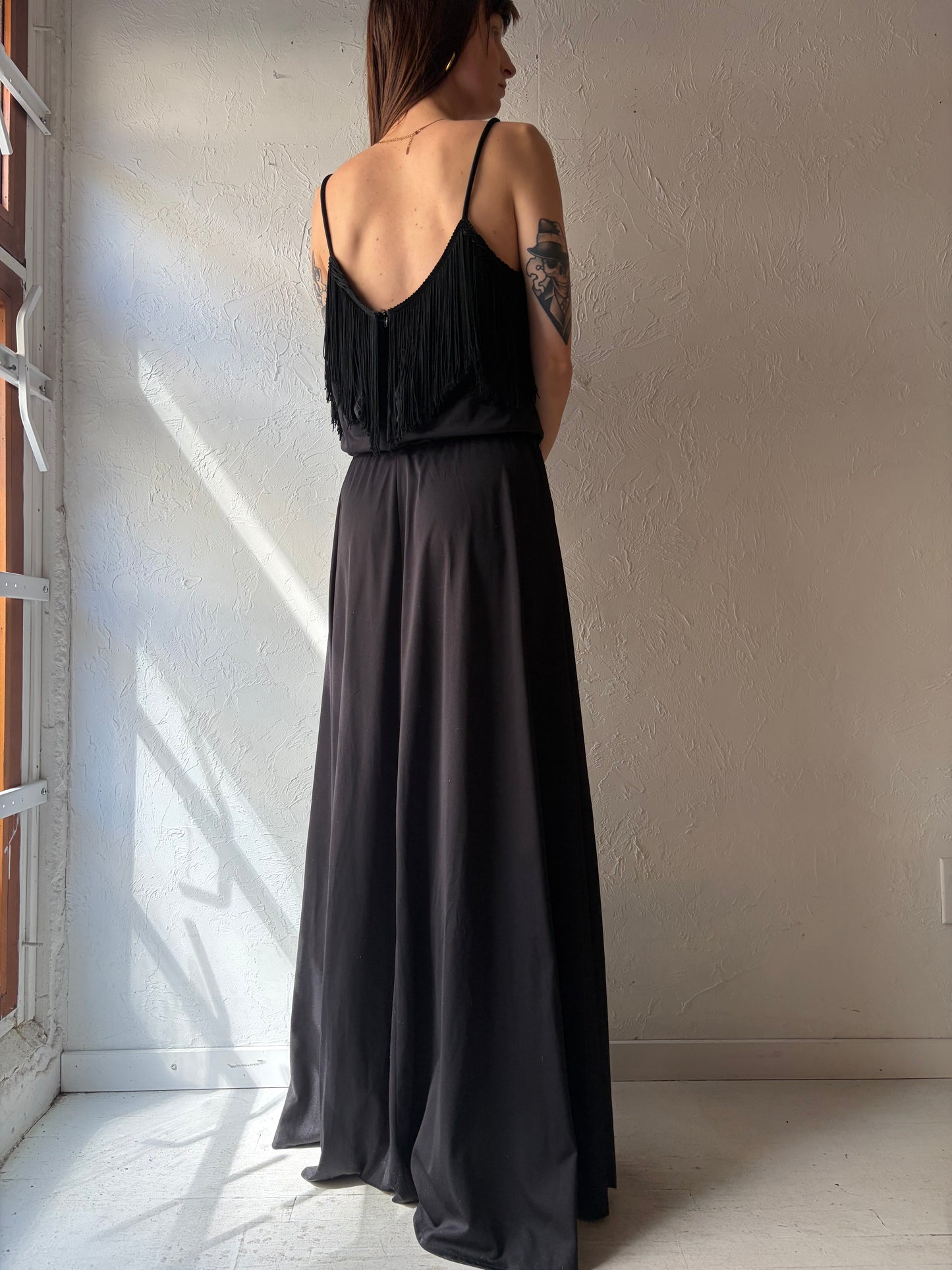 80s 'David Gilbert' Black Fringe Formal Maxi Dress / Large