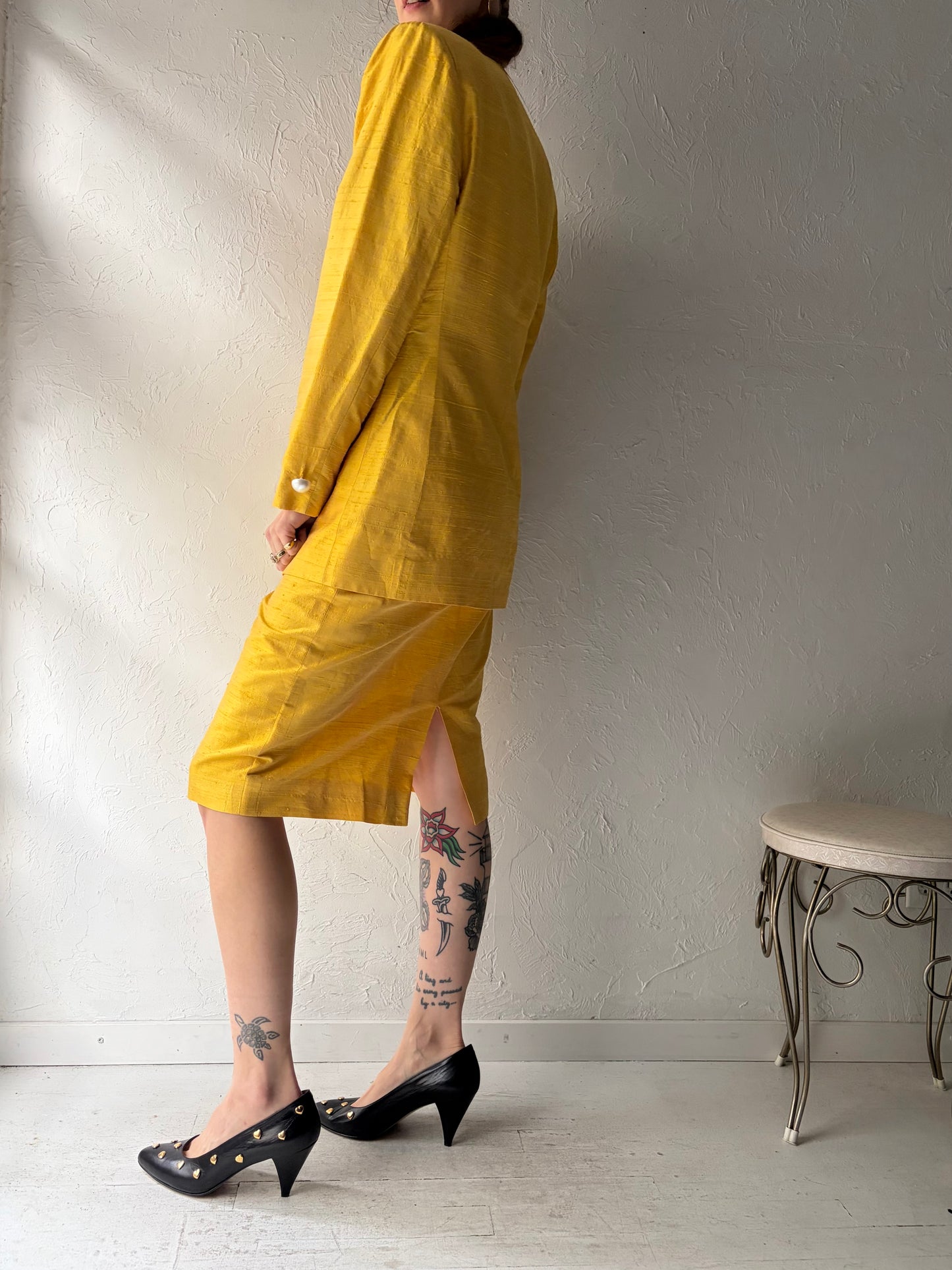 80s 'Raffinati' Two Piece Yellow Silk Suit Skirt Set / Small