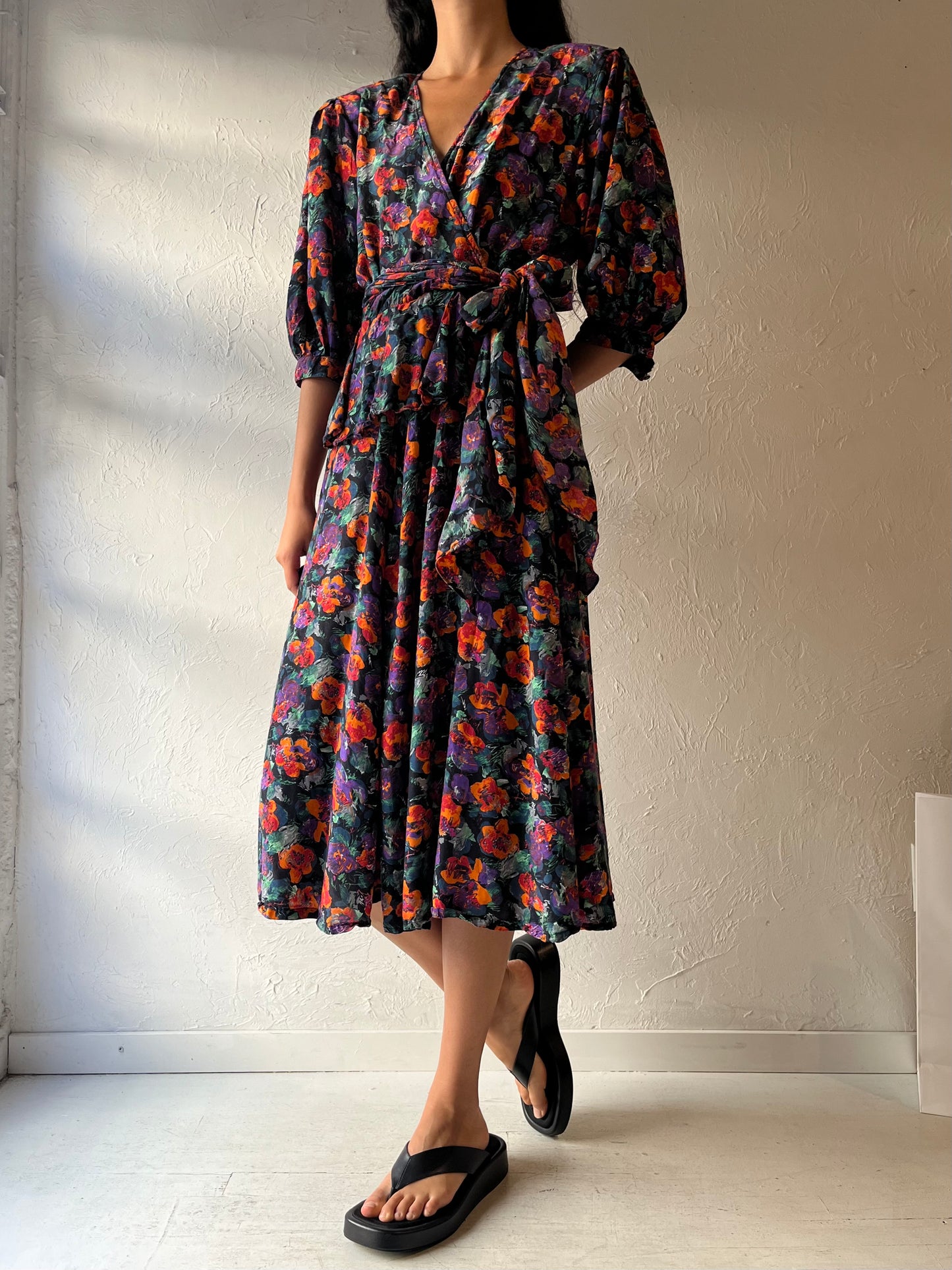 80s 'Jaegar' Floral Print Midi Dress / Small