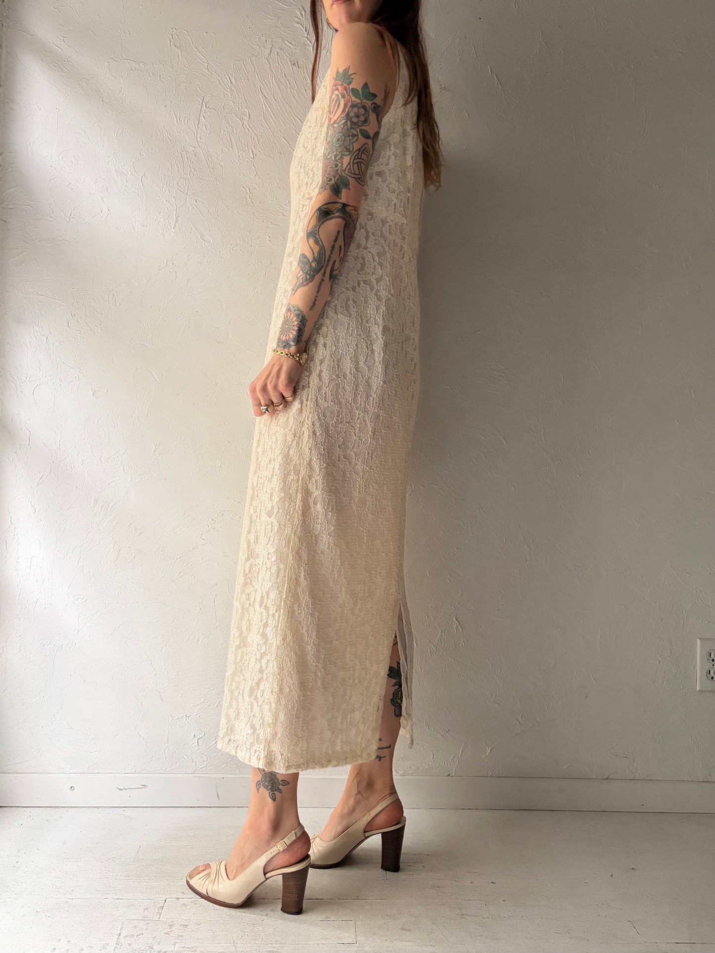 90s 'Lauritz' White Romanic Lace Maxi Summer Dress / Vintage 1990s Minimalist Wedding Gown / Medium