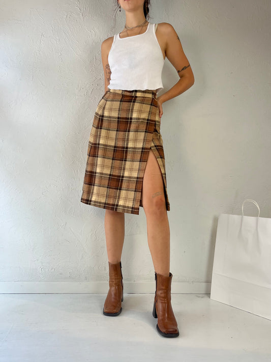80s Brown Plaid Wool Midi Skirt / Small