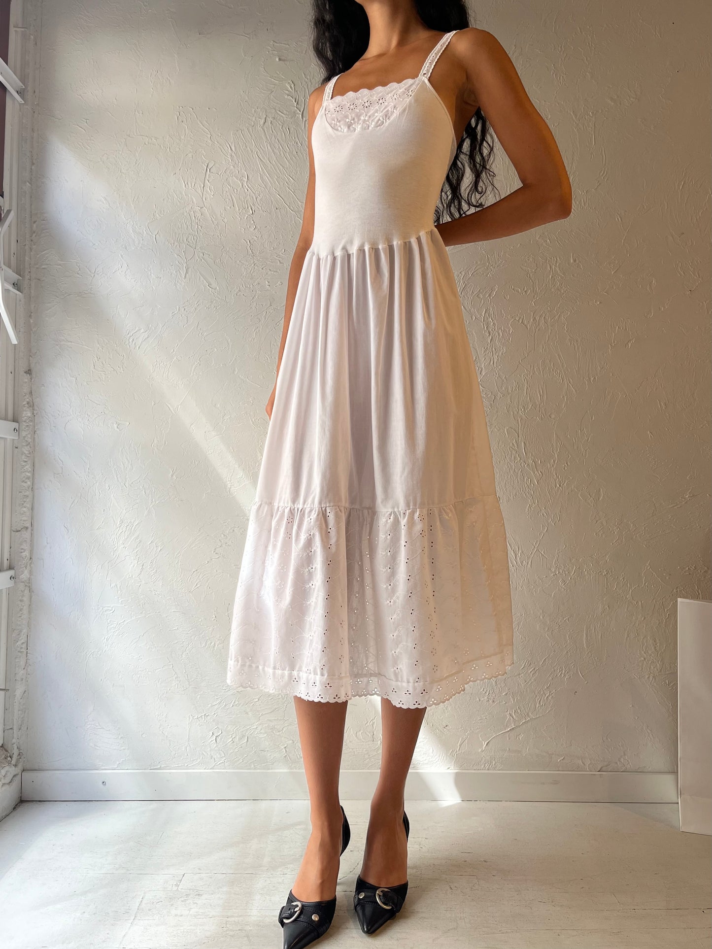 90s 'Jessica' White Eyelet Midi Dress / Small