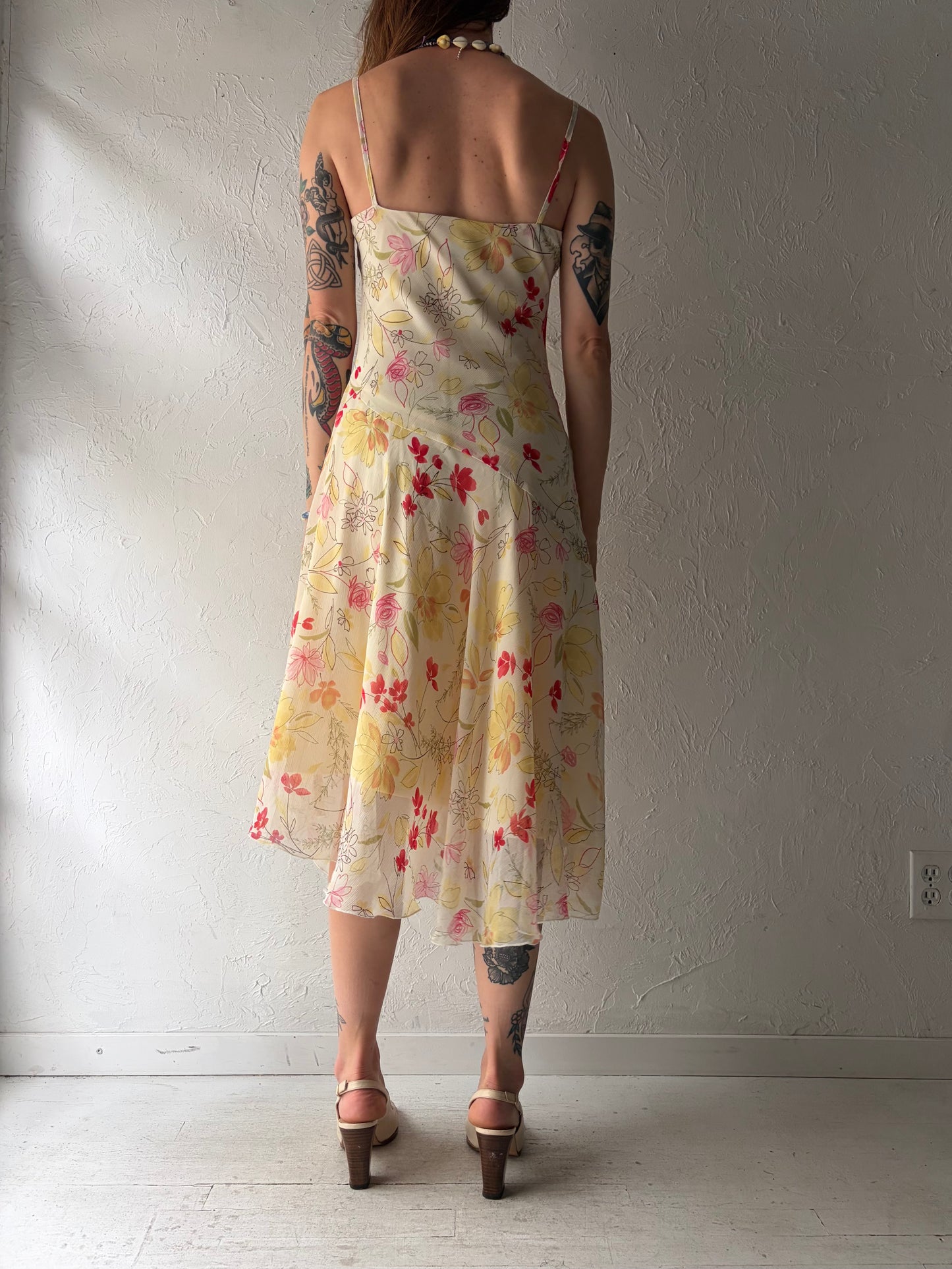 90s 'Studio Y' Yellow Floral Print Summer Dress / Small