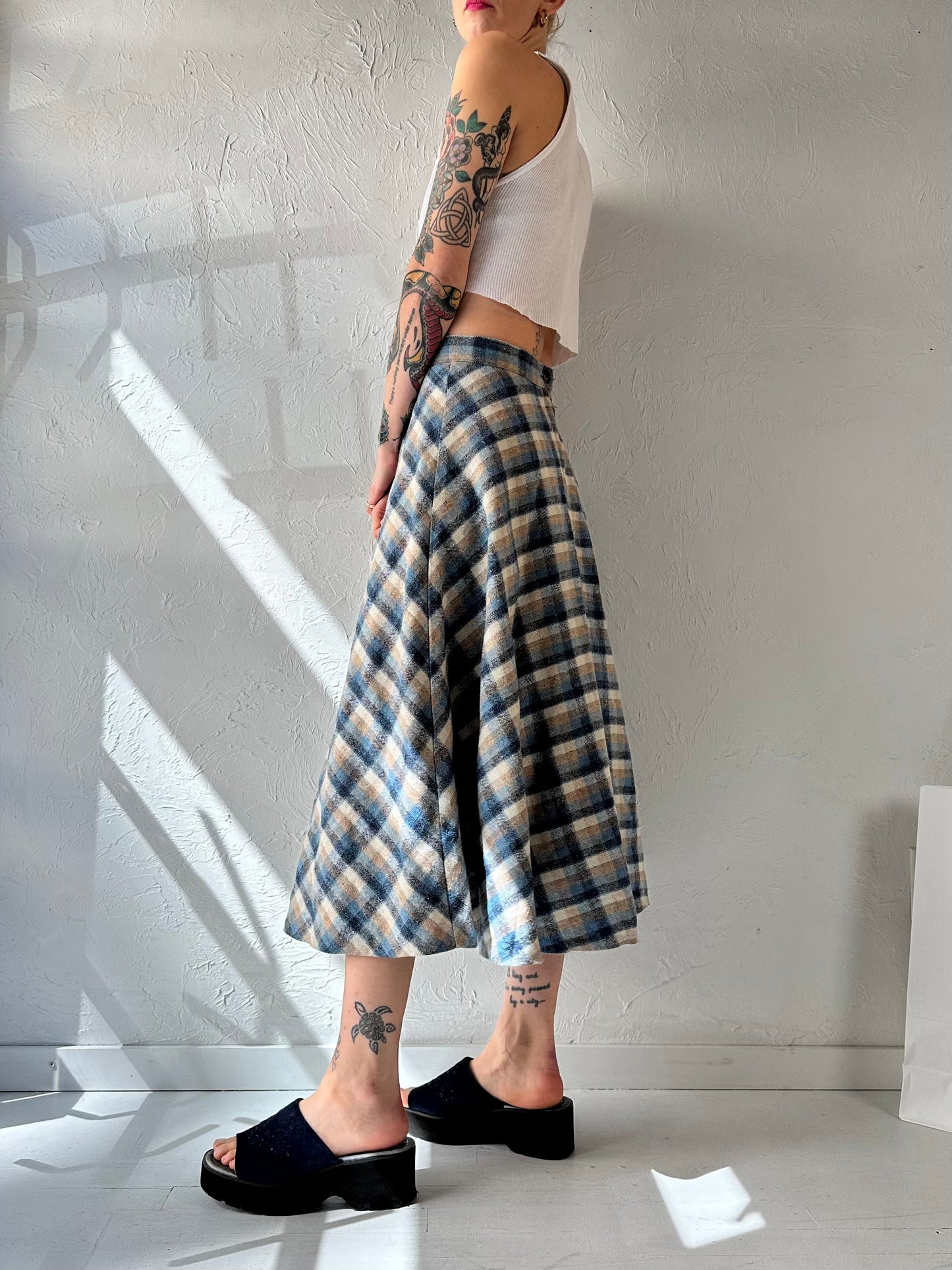 70s Blue Plaid Knit Midi Skirt / Small