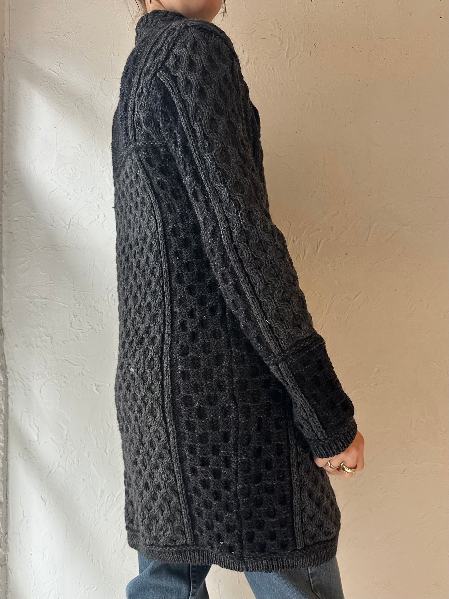 90s ‘Arancrafts’ Gray Cable Knit Merino Wool Sweater / Medium