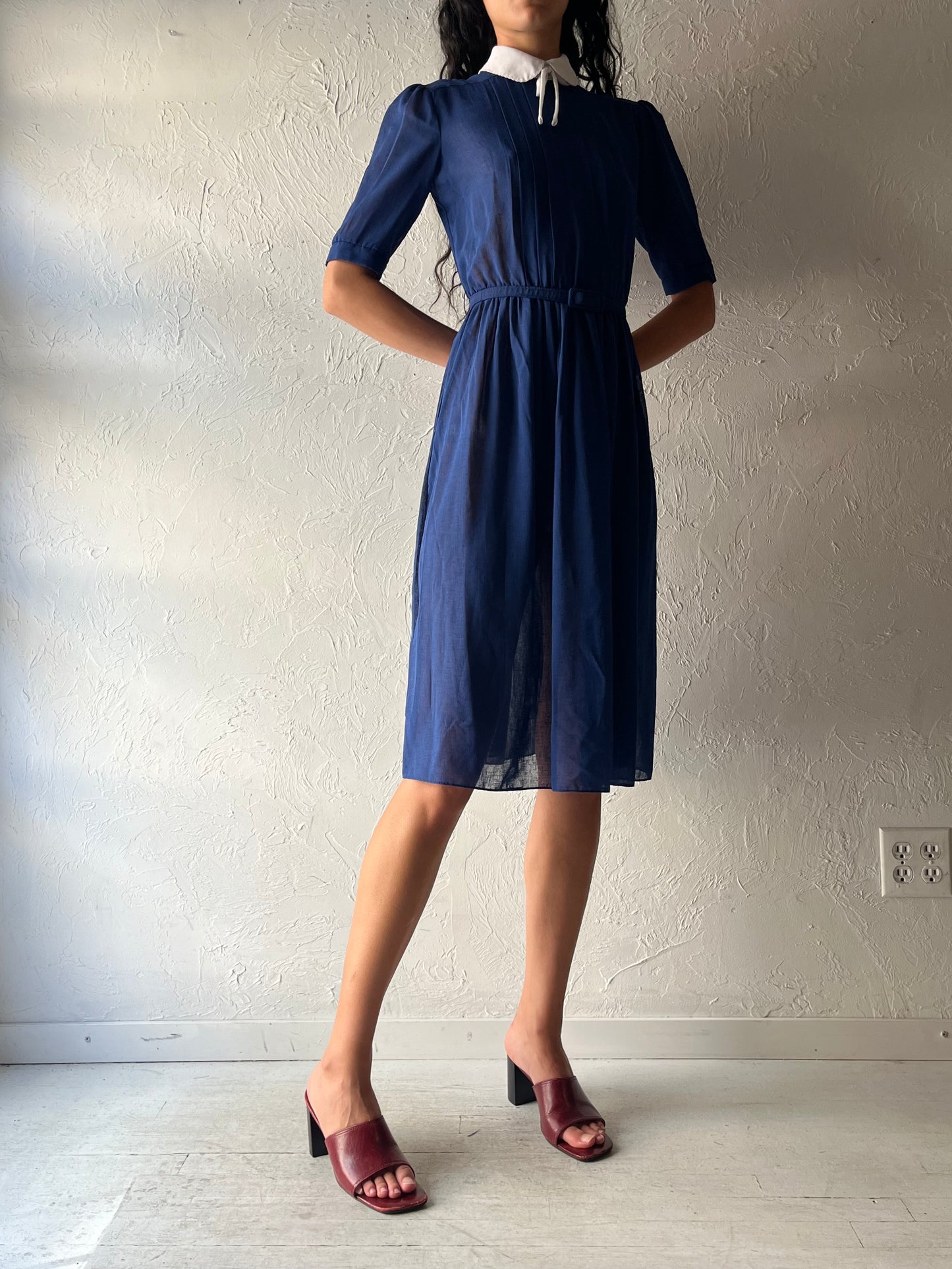 80s 'Xanadu' Blue Preppy Dark Academia Midi Shirt Dress / Small