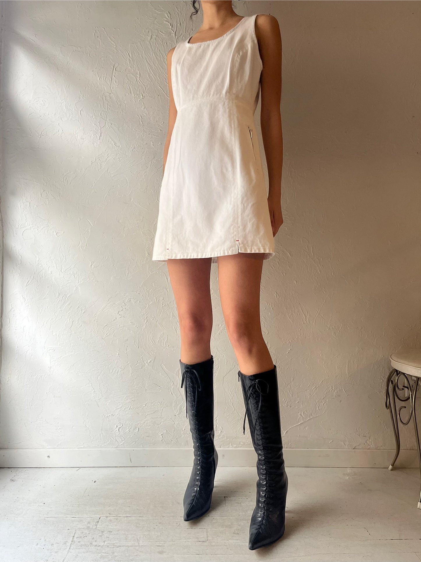 90s 'BWB' White Denim Mini Dress / Small