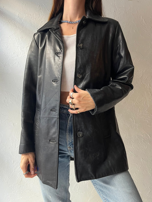 90s ‘Danier’ Black Leather Oversized Car Coat Minimalist Grunge Moto Jacket / Small