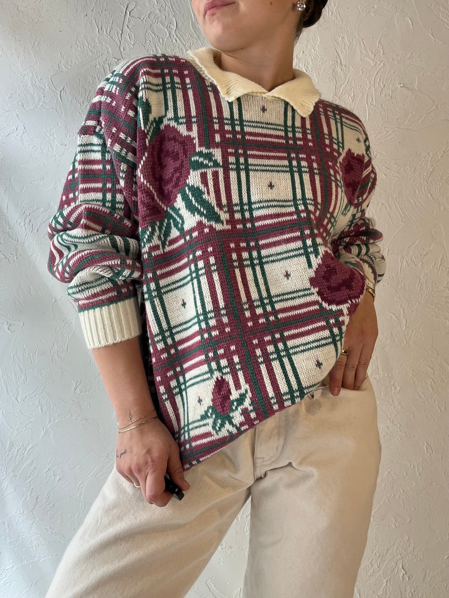 90s 'Cricket Lane' Floral Acrylic Knit Sweater / Medium