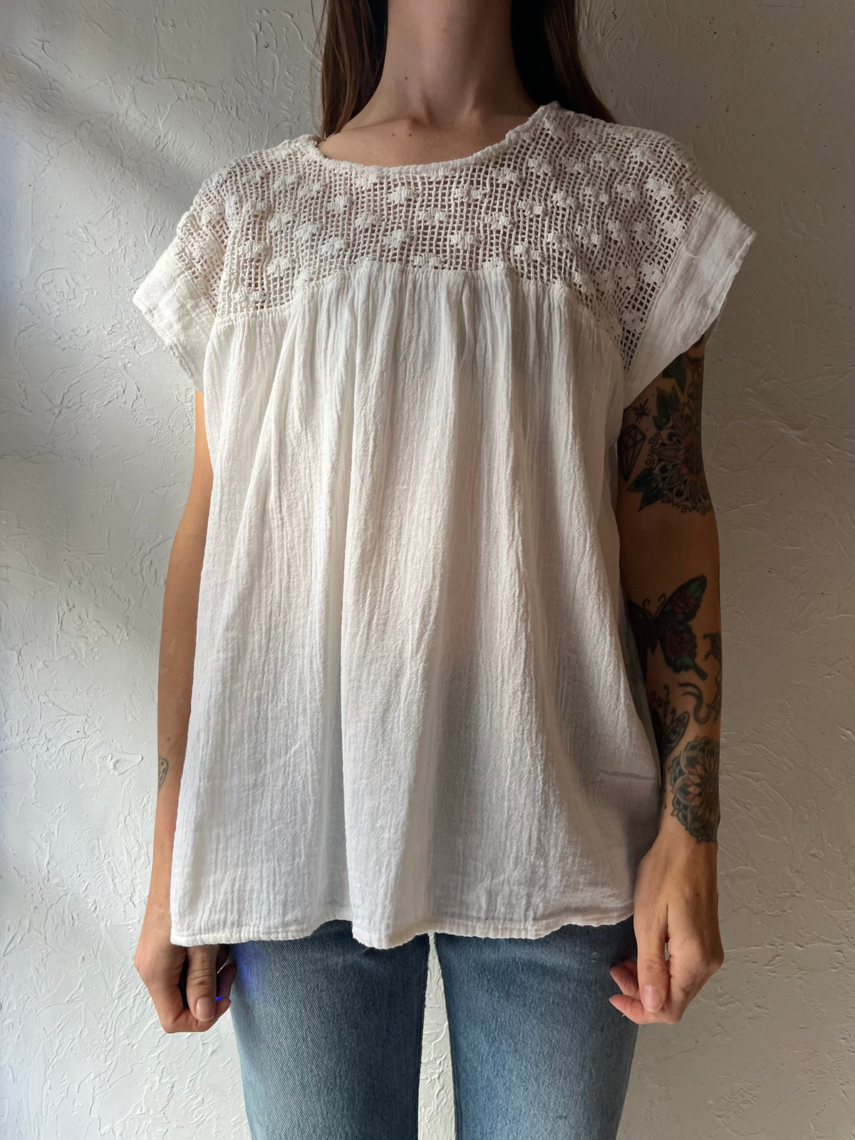 Vintage White Cotton Gauze Crochet Hippie Top / Medium