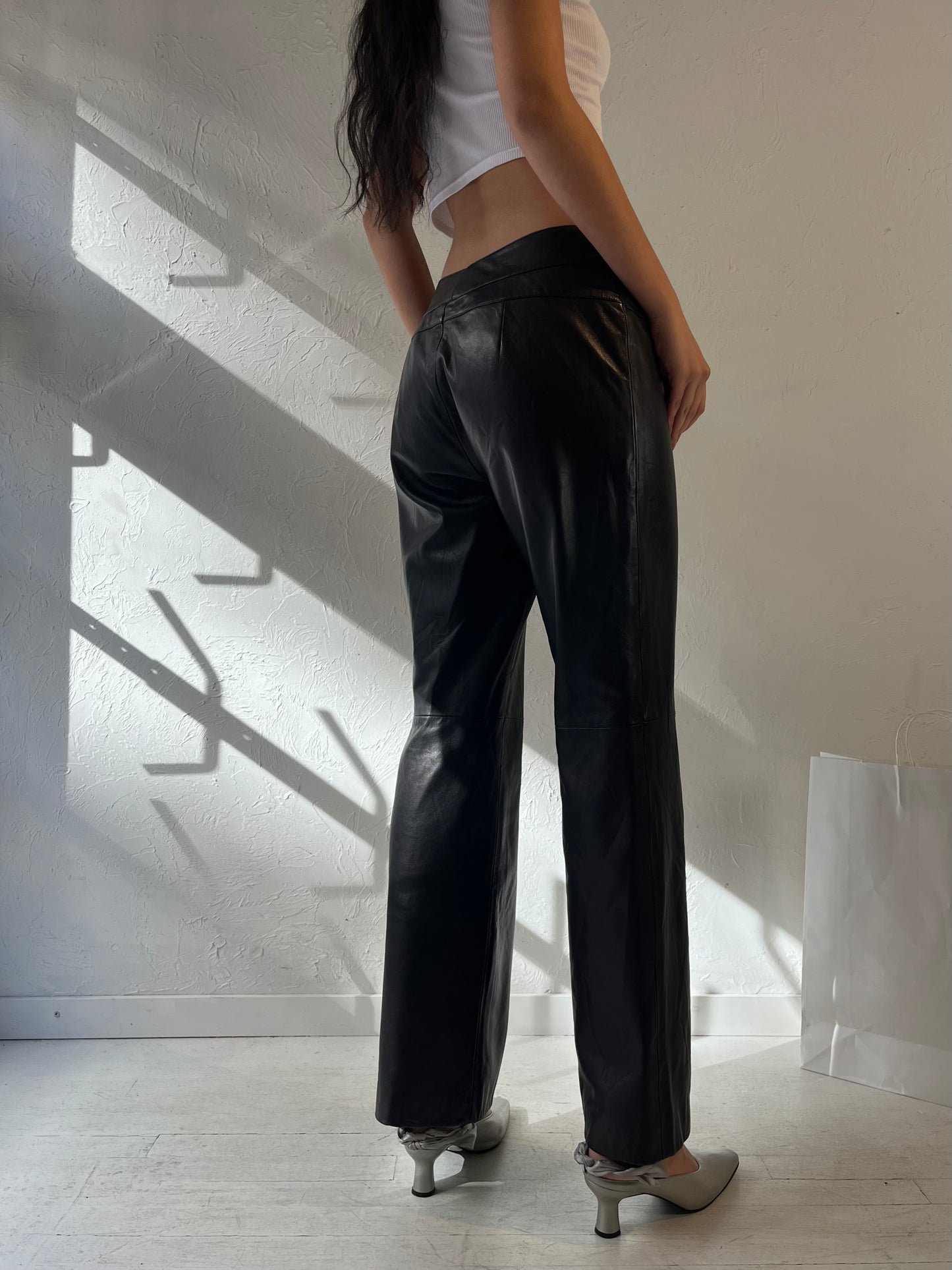 Vintage Black Leather Pants / 28