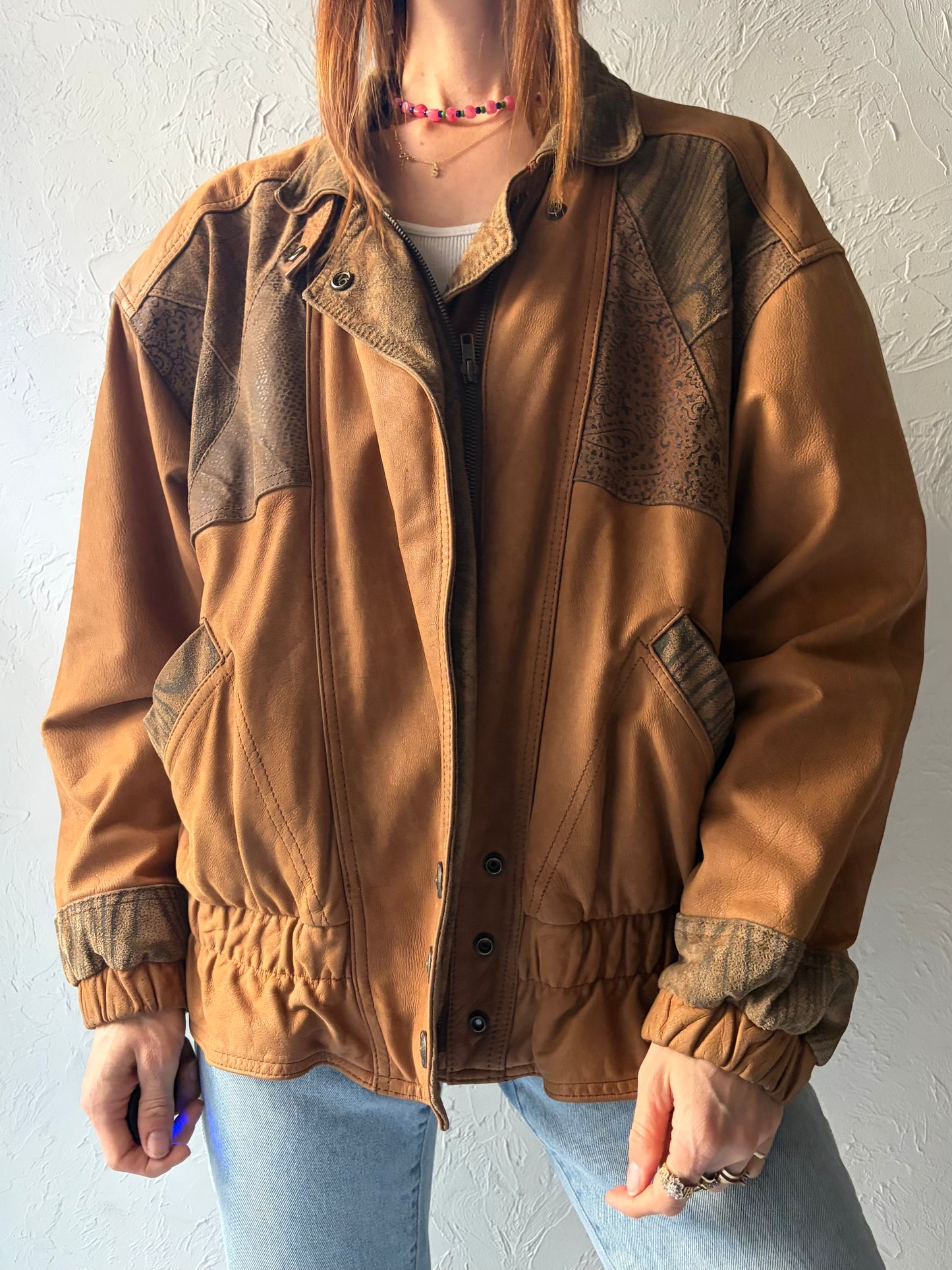 90s 'Paris Sports Club' Tan Suede Leather Retro Bomber Jacket / Medium