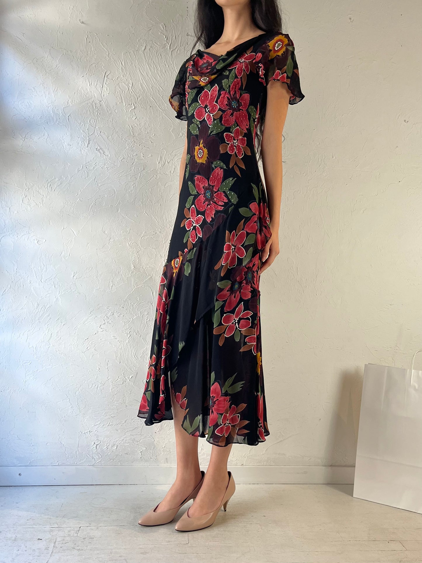 90s ‘Bellessa’ Floral Beaded Dress / Medium