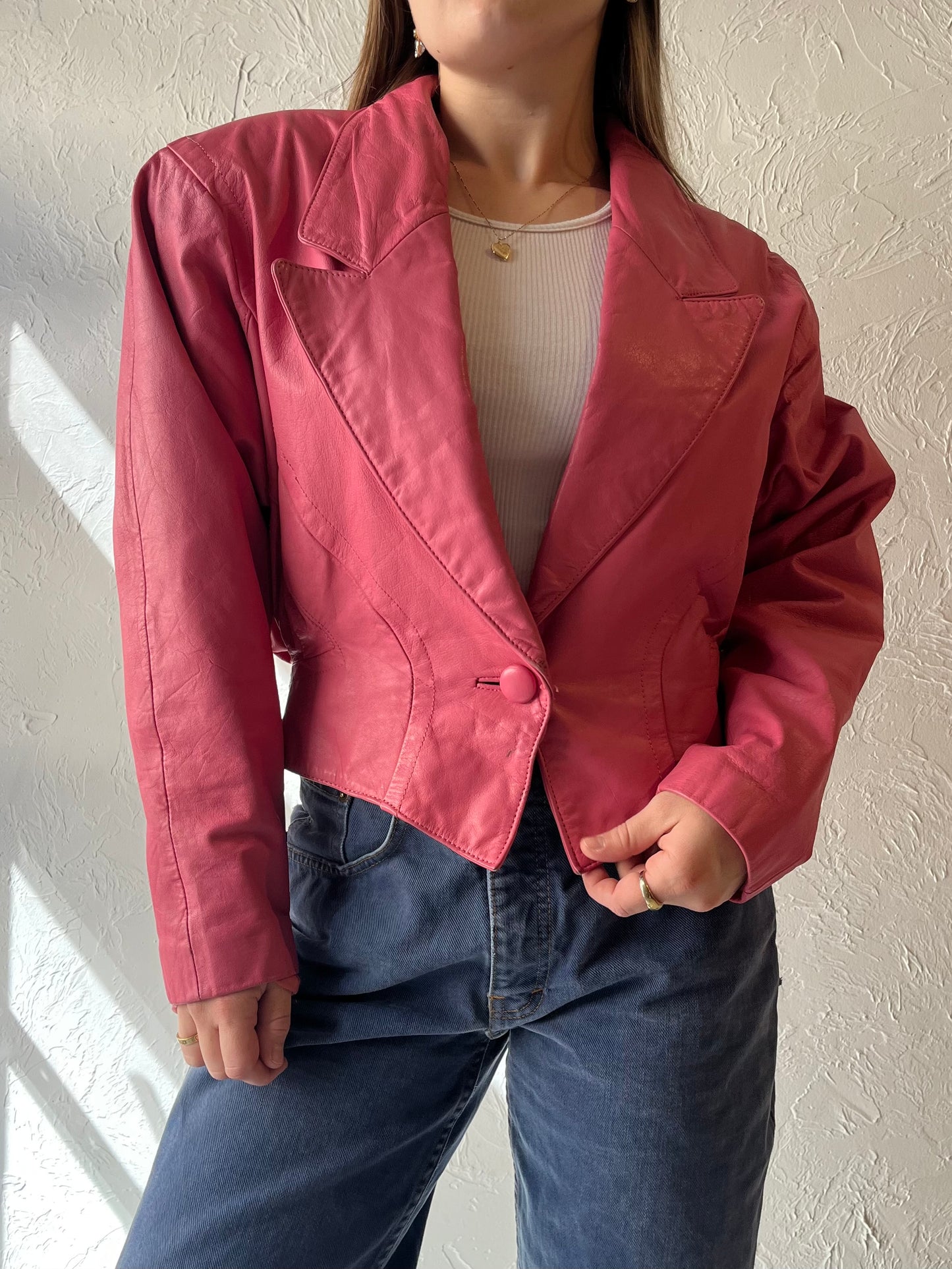 80s 'Chia' Pink Leather Bomber Jacket / Small