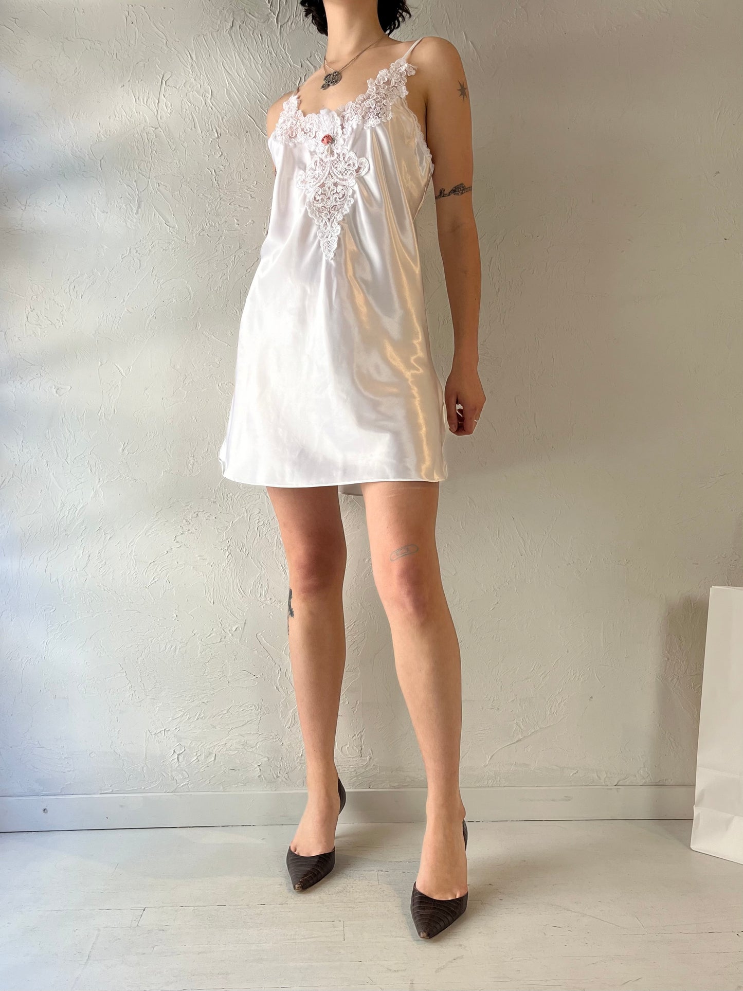 90s 'California Dynasty' Silky White Slip Dress / Medium