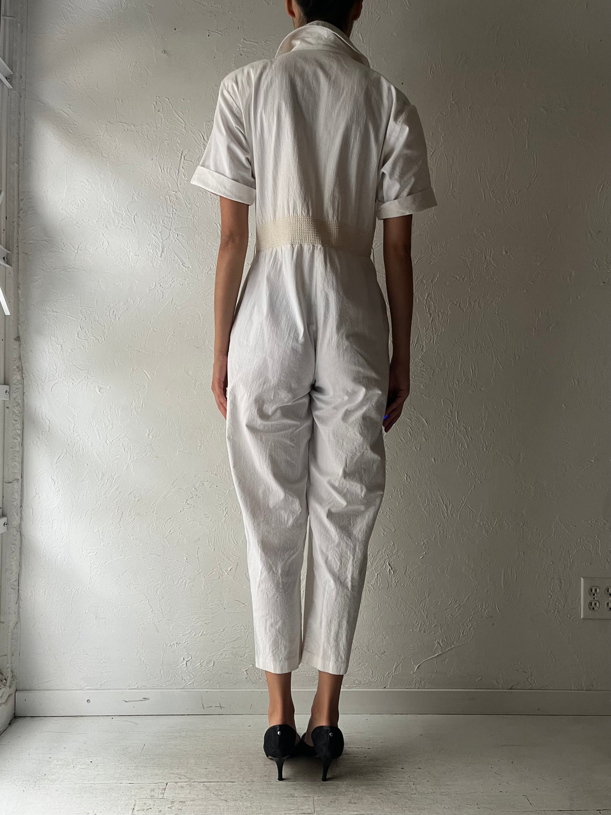 Vintage White Cotton Collared Retro Jumpsuit / Small