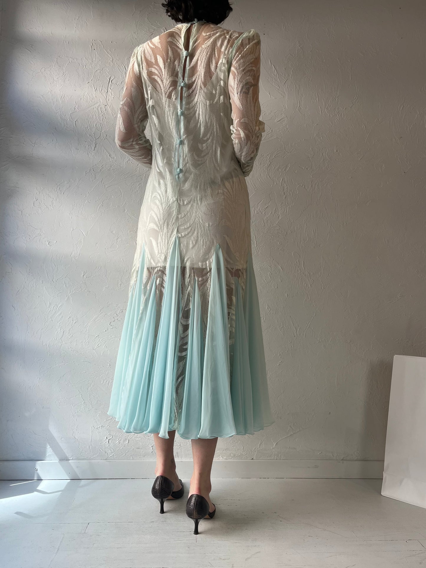 Vintage Baby Blue Mesh Sequin Dress / Medium