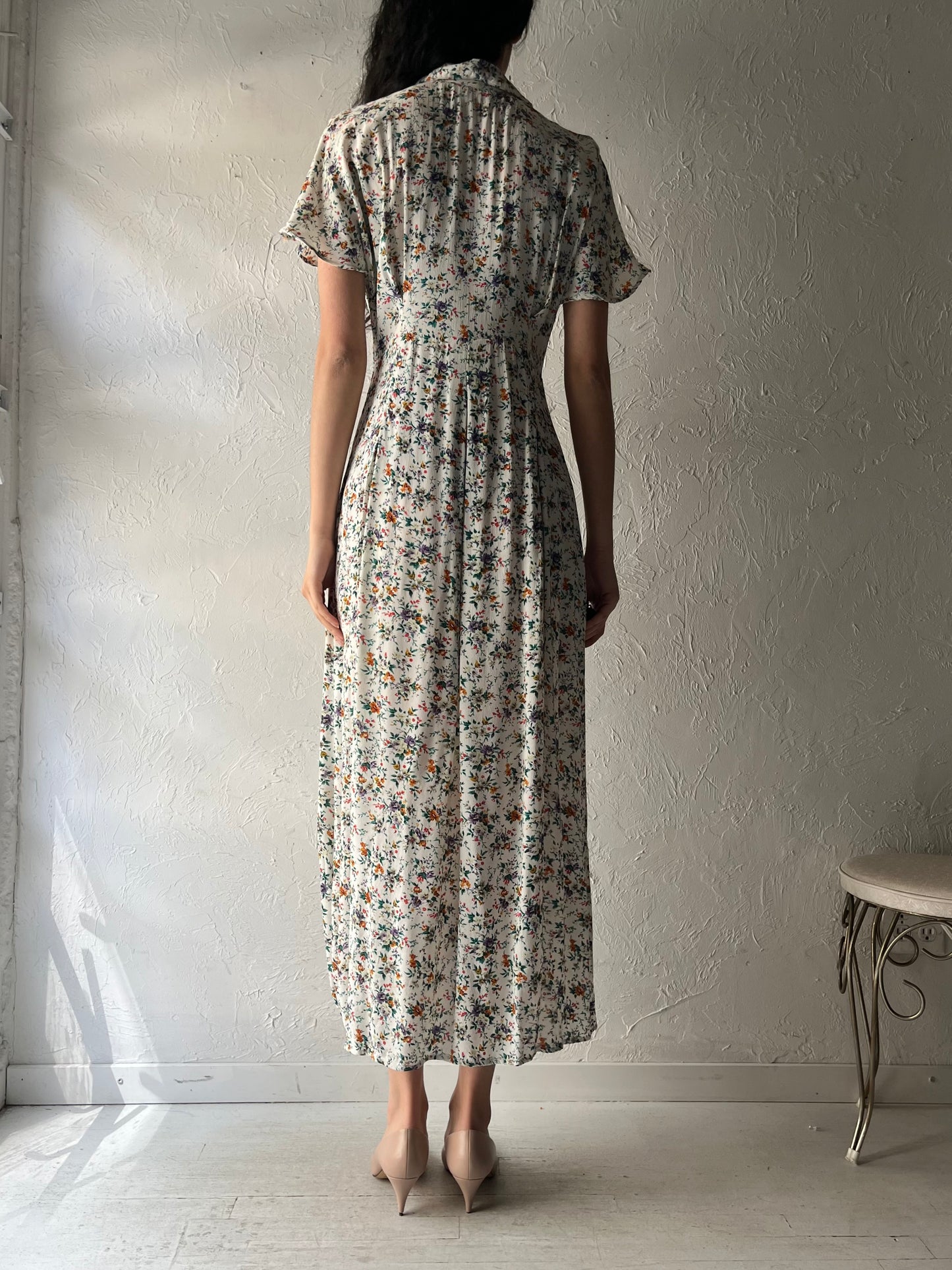 90s 'Equation' Floral Print Rayon Spring Dress / Medium