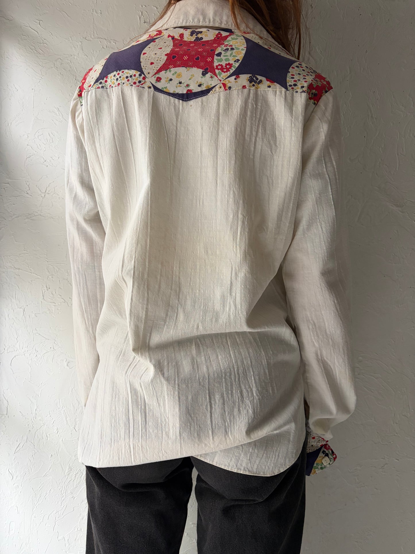 70s Handmade White Patchwork Western Shirt / Vintage Cowboy Button Up Shirt / Medium