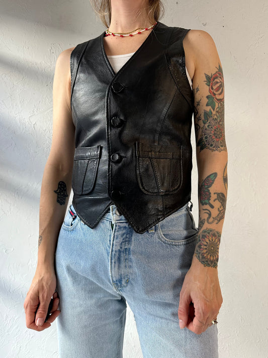 90s 'Outlook' Black Leather Vest / Small