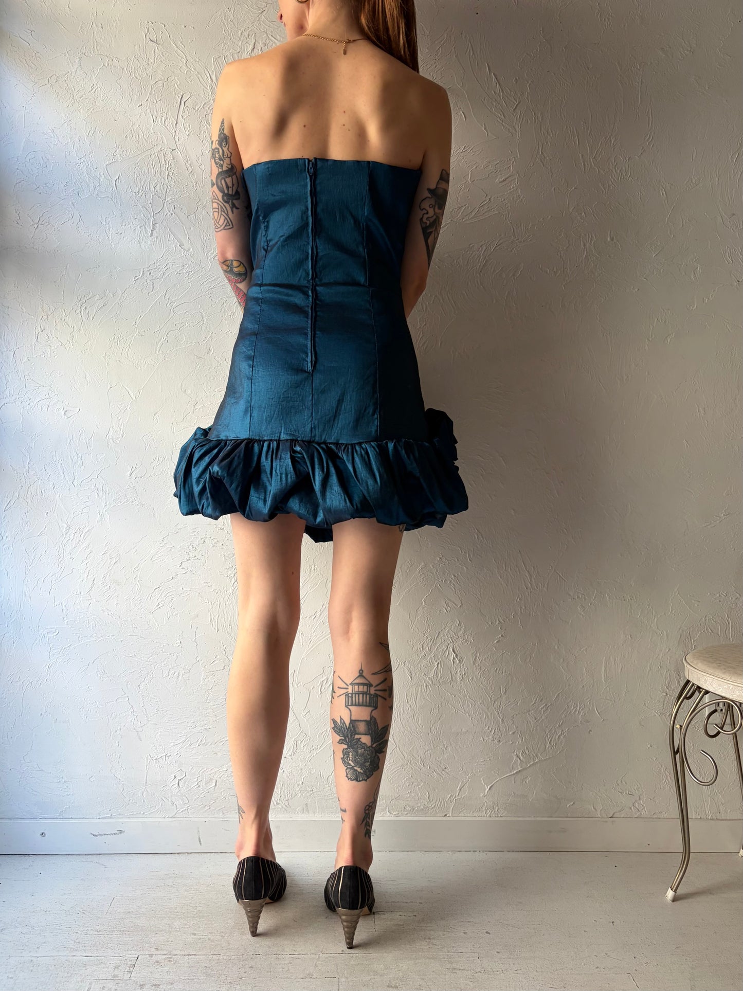 Y2k 'Sakura' Metallic Blue Strapless Formal Mini Dress / Large