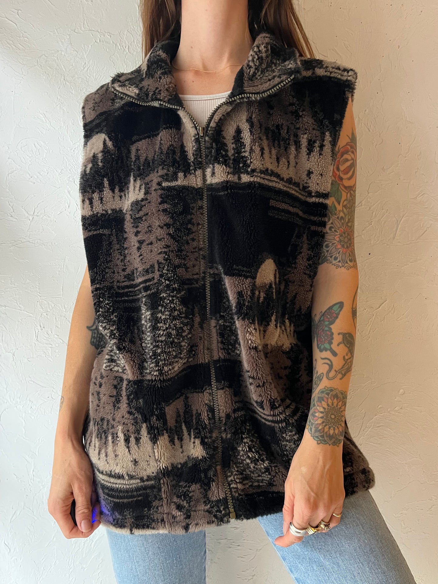 90s 'Any Wear' Fuzzy Fleece Tree Winter Vest / Large