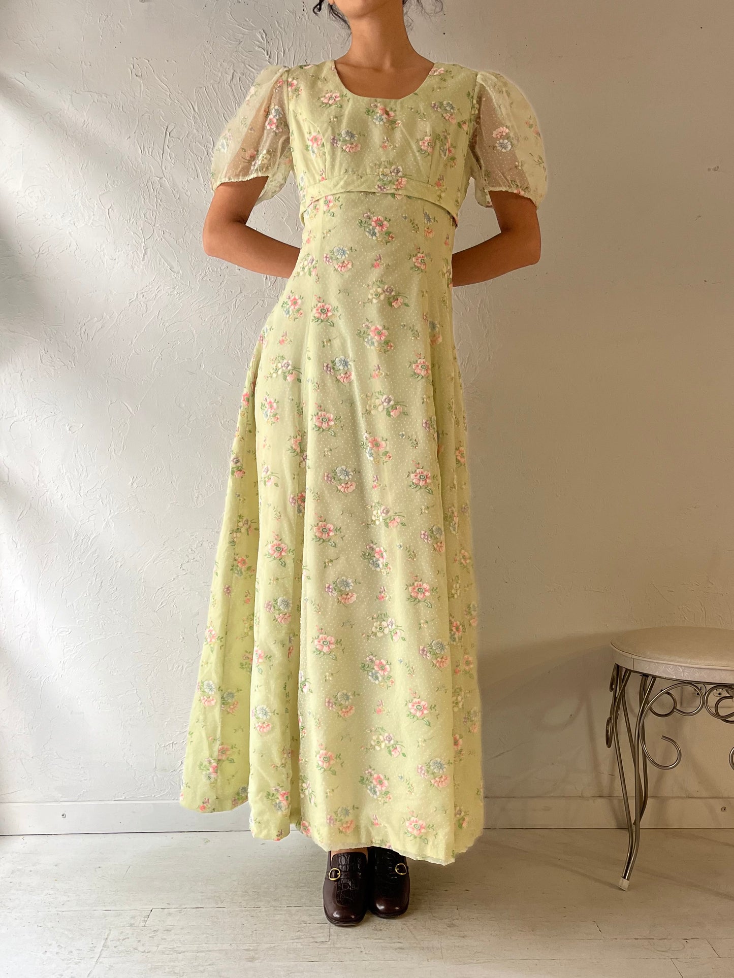70s Floral Mint Green Maxi Dress / Small