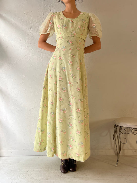 70s Floral Mint Green Maxi Dress / Small