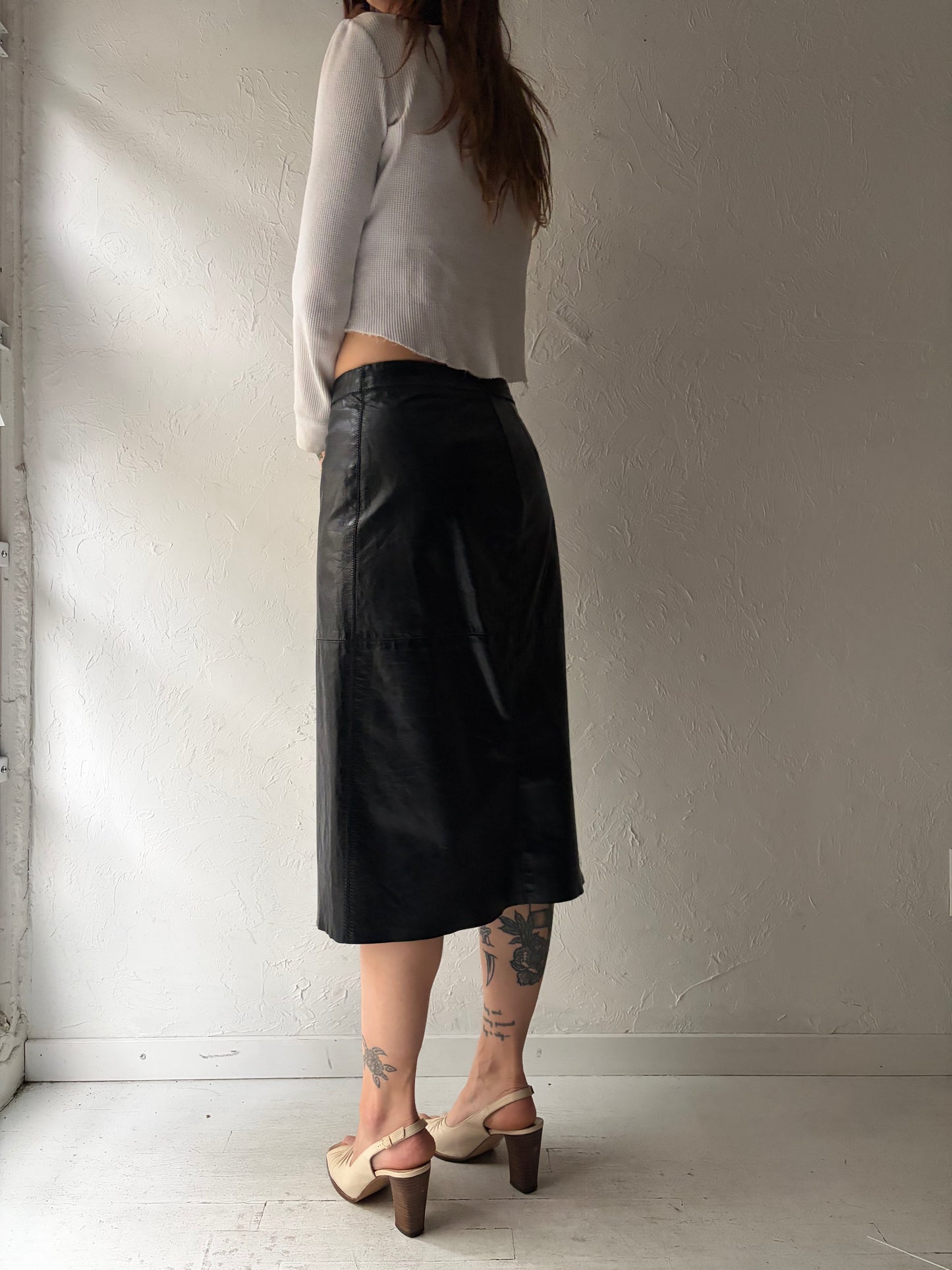90s 'Gap' Black Leather Dark Academia Midi High Waisted Skirt / Small