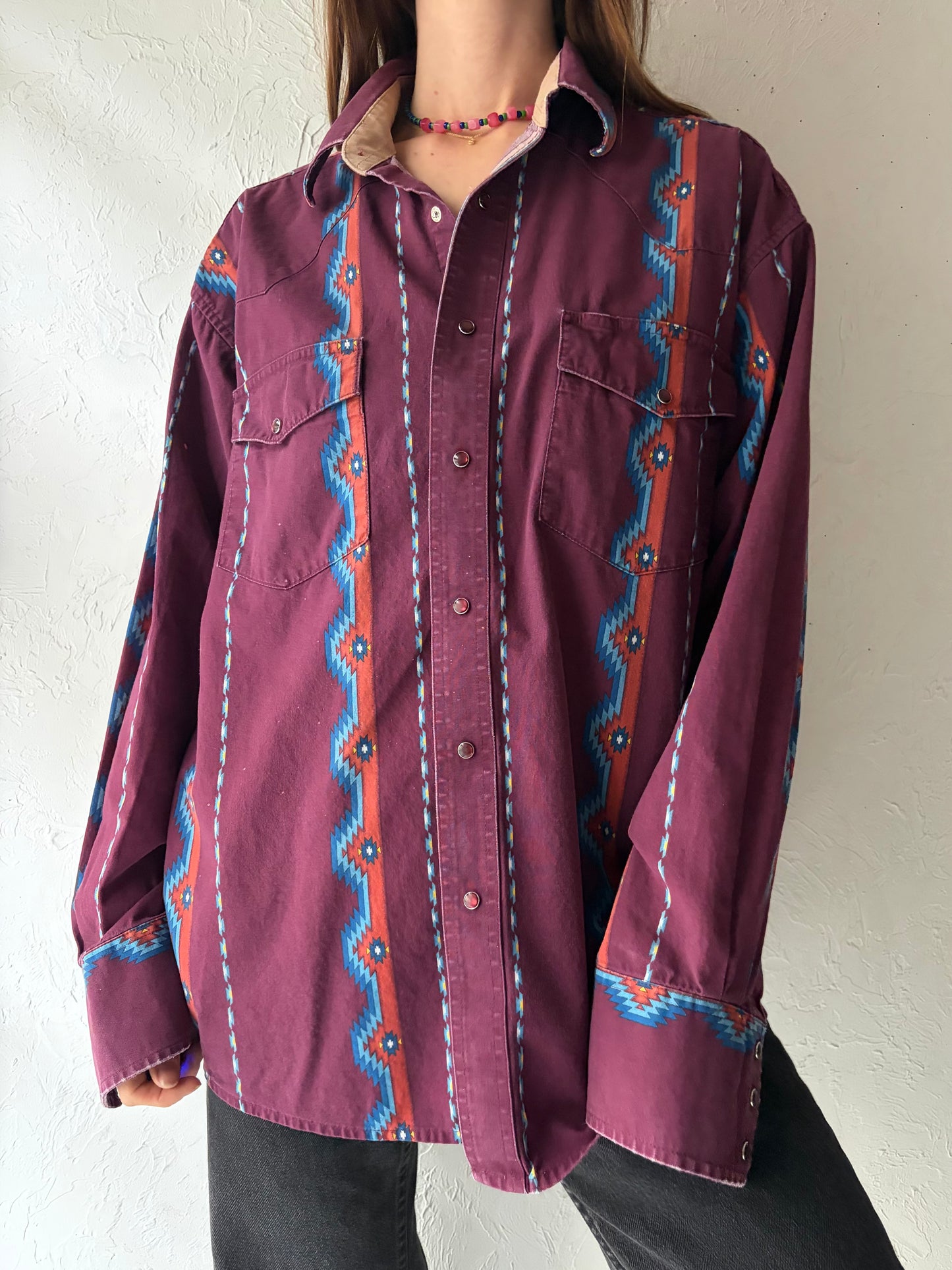 Y2k 'Wrangler' Retro Patterned Western Snap Up Shirt / Vintage 2000s Cowboy Work Wear Shirt / Large
