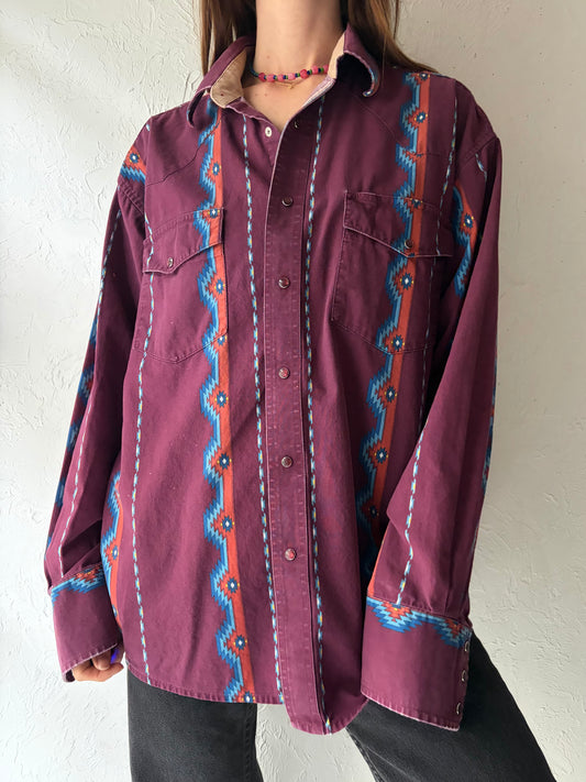 Y2k 'Wrangler' Retro Patterned Western Snap Up Shirt / Vintage 2000s Cowboy Work Wear Shirt / Large