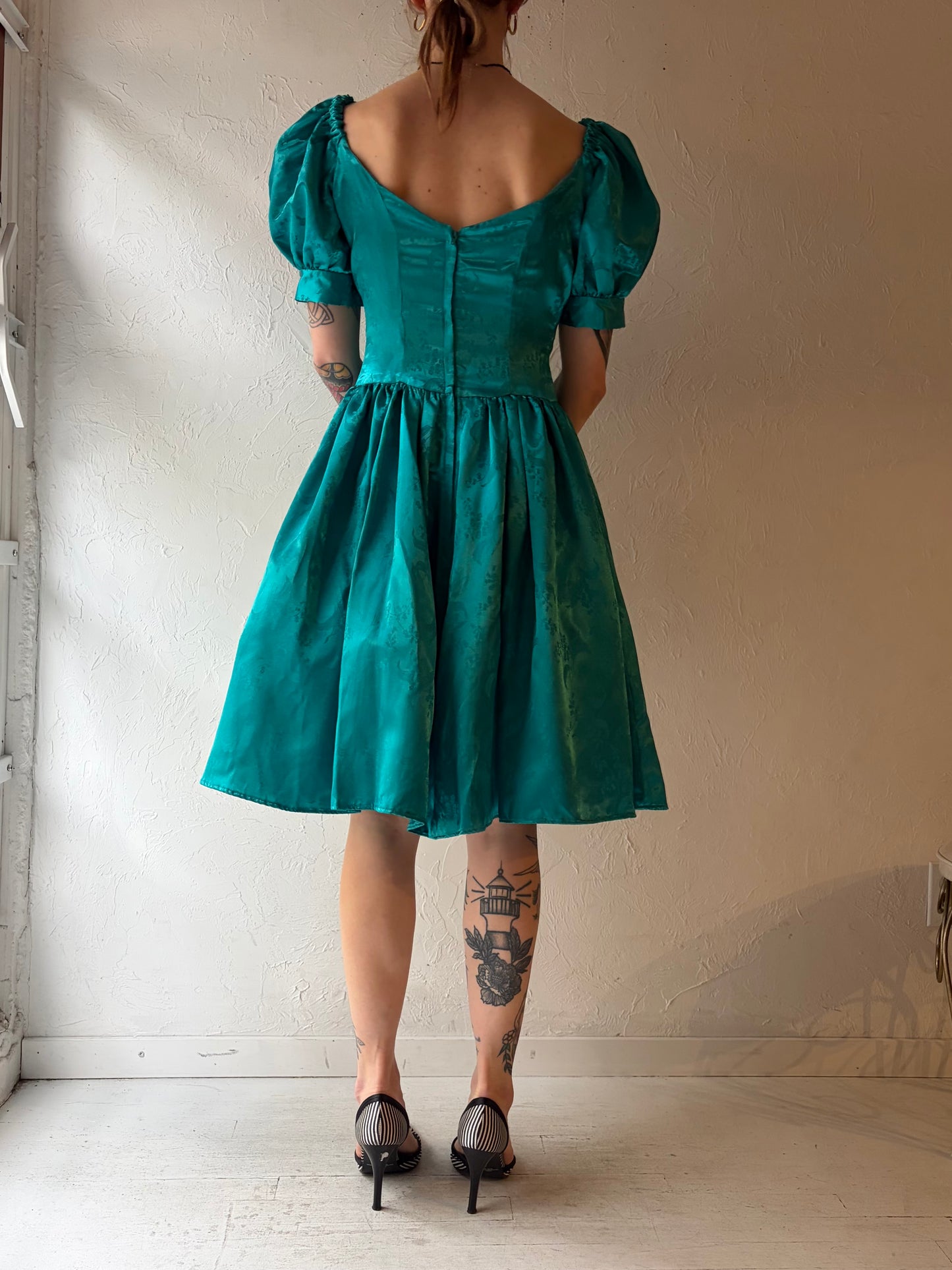 Vintage Handmade Teal Green Puff Sleeve Formal Mini Dress / Small