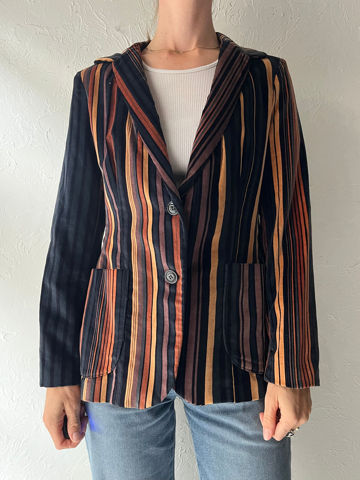 90s 'Focus' Striped Velvet Blazer Jacket / Medium