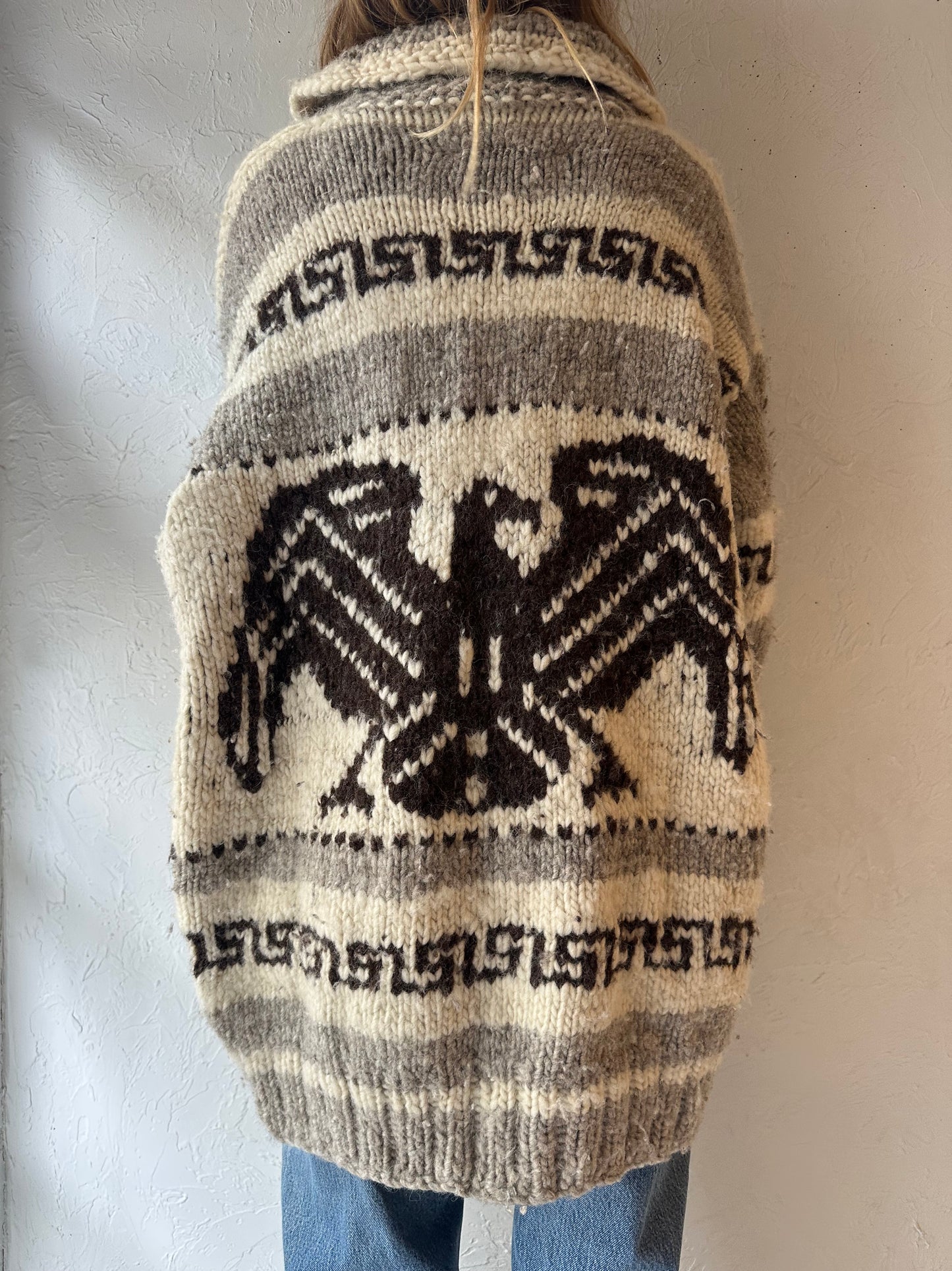 Vintage Authentic Cowichan Wool Eagle Sweater / XL