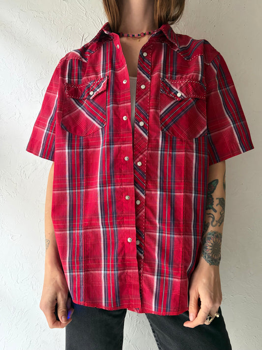 Y2k 'Wrangler' Red Plaid Western Snap Up Short Sleeve Cowboy Work Wears Shirt / Small