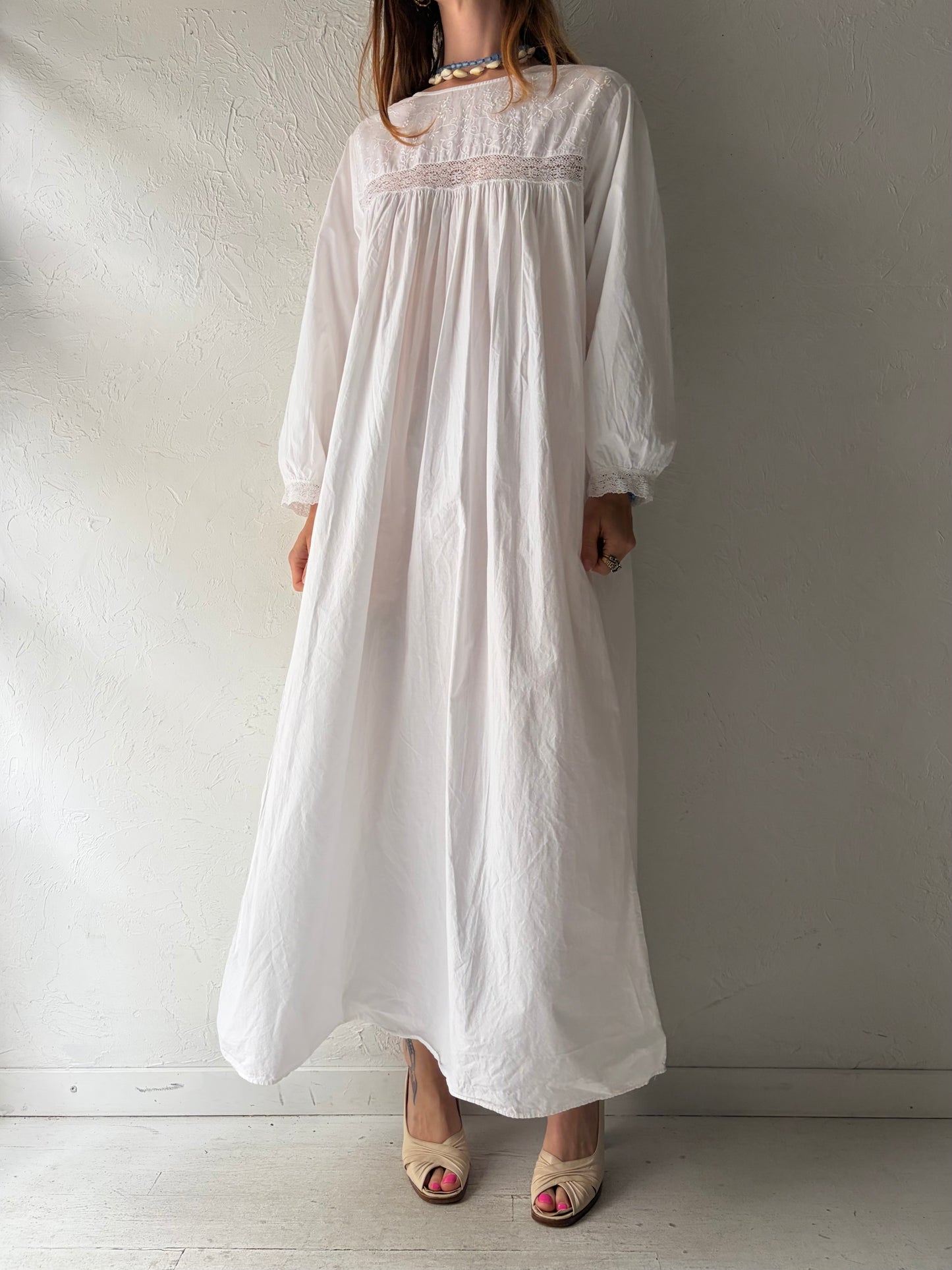90s 'Past Times' White Cotton Maxi Dress /  Medium