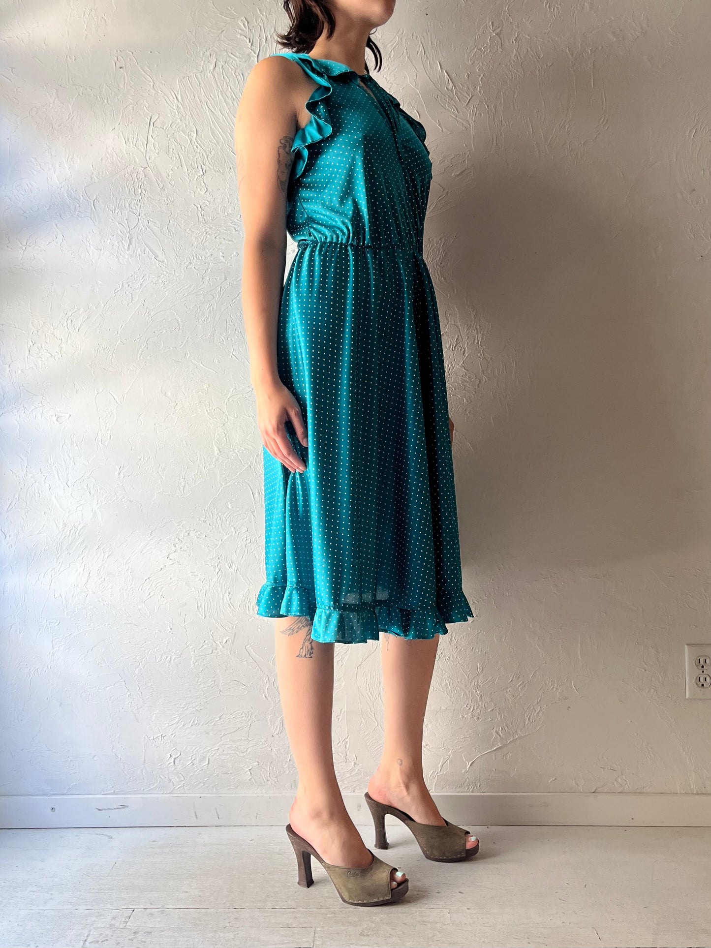 80s Retro Teal Polka Dot Party Dress / Small - Medium