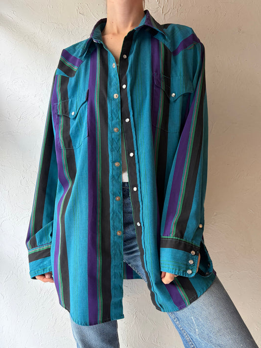 80s 'MGW' Striped Western Snap Up Shirt / Vintage 80s Cowboy Work Wear Shirt / XL