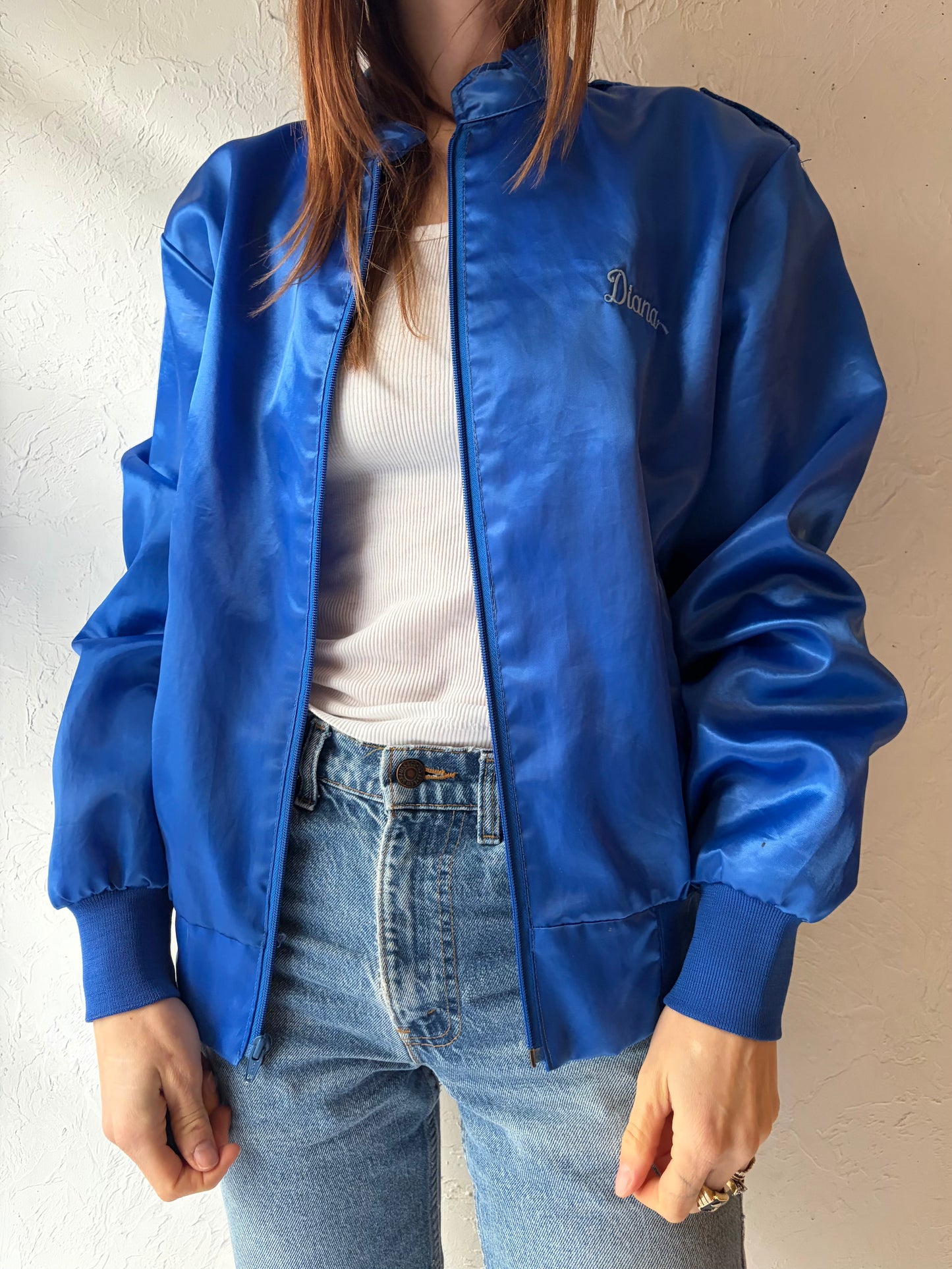 90s 'Satins'  Blue Embroidered Nylon Bomber Jacket / Large