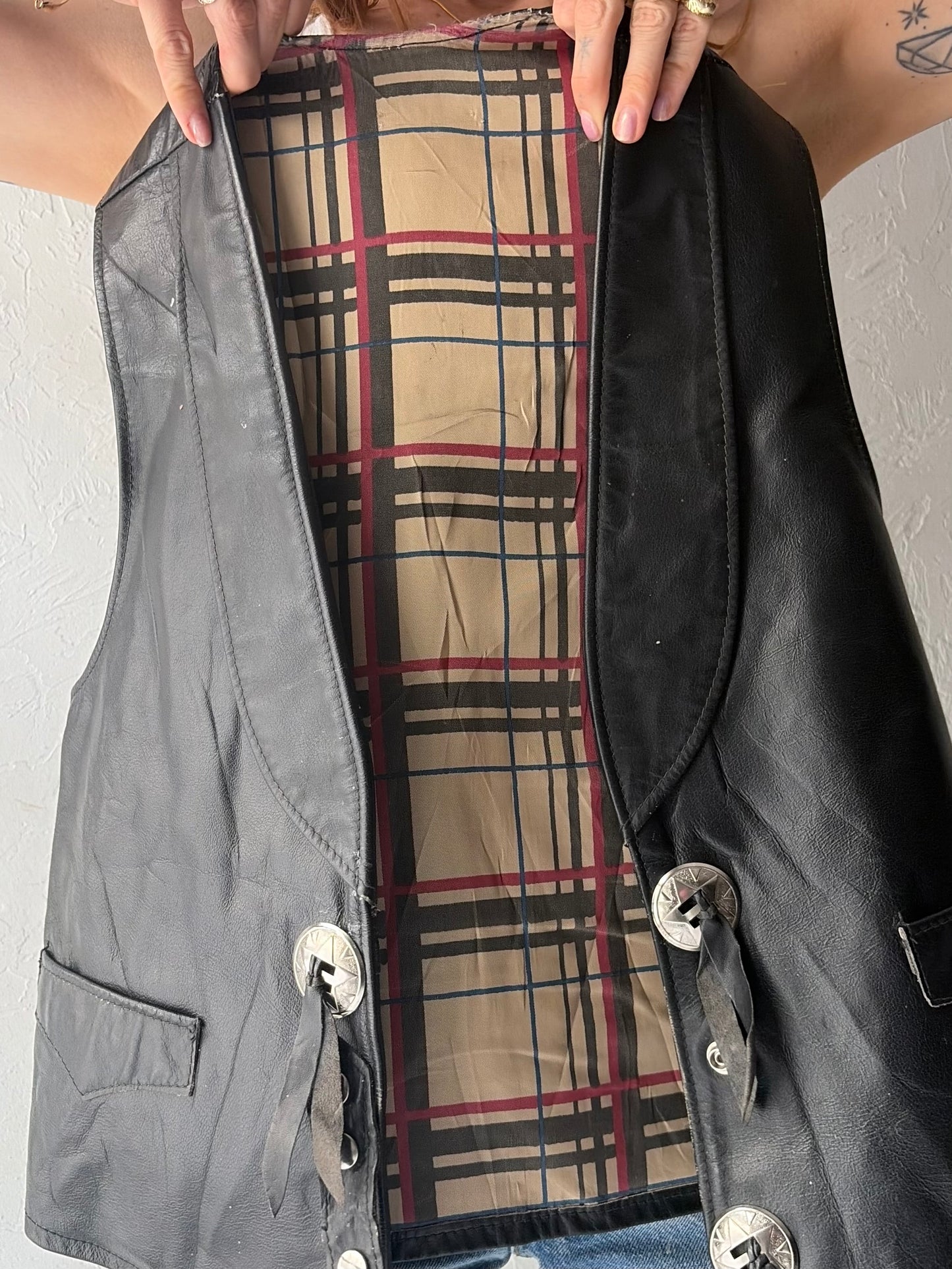 70s 'JO.O Kay' Black leather Grungecore Western Cowboy Vest / Large