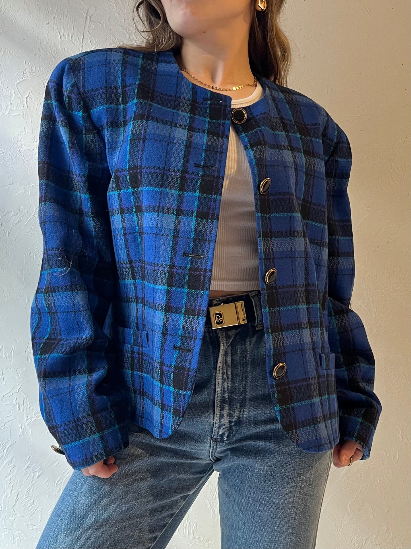 80s ‘Pendleton’ Blue Plaid Knit Wool Jacket / Large