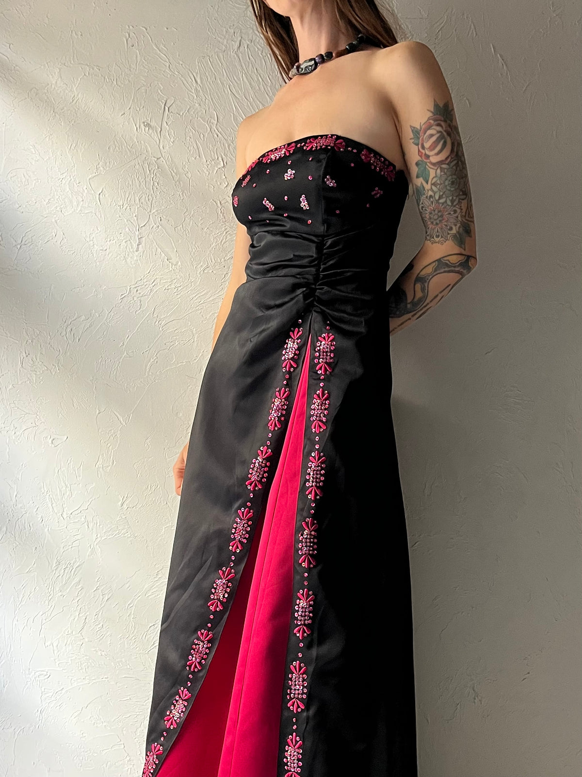 Y2k 'Zum Zum' Black Pink Strapless Lace Up Formal Prom Dress / Small