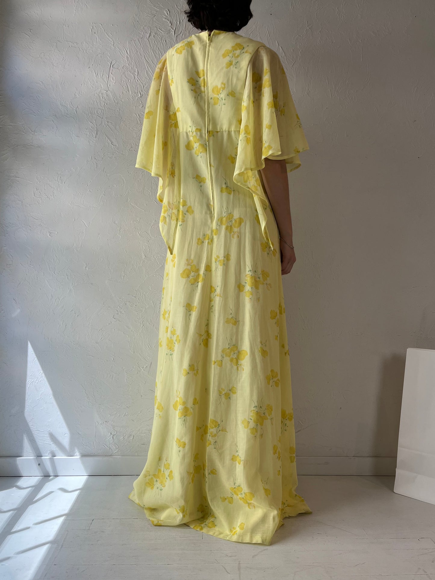 Vintage Handmade Yellow Floral Maxi Dress / Medium