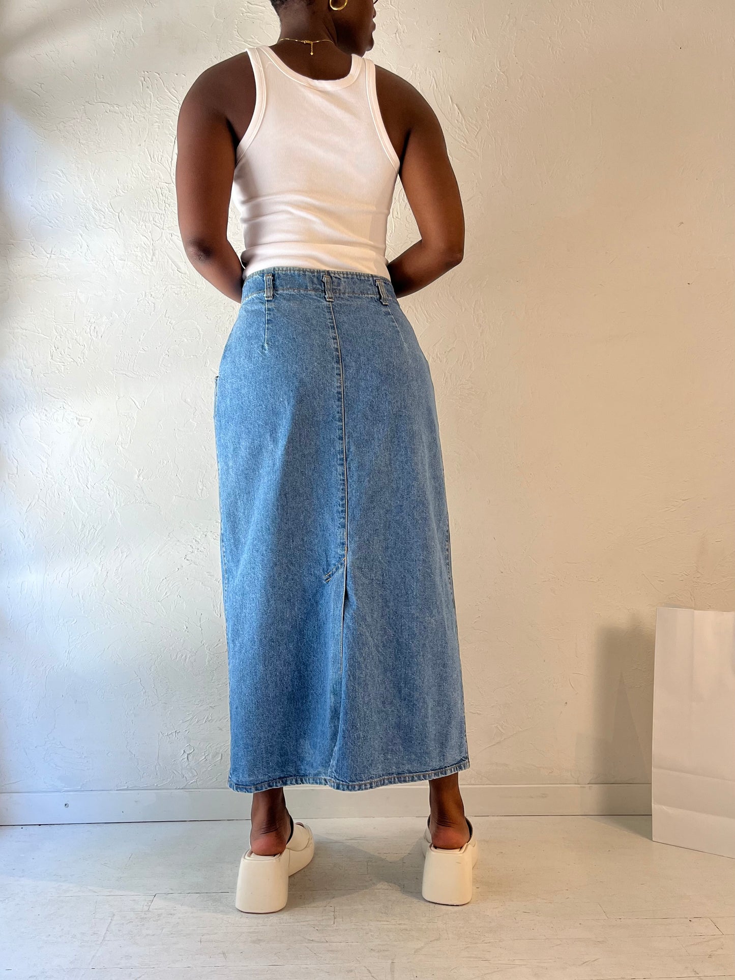 90s 'Seasons' Denim Midi Skirt / Medium