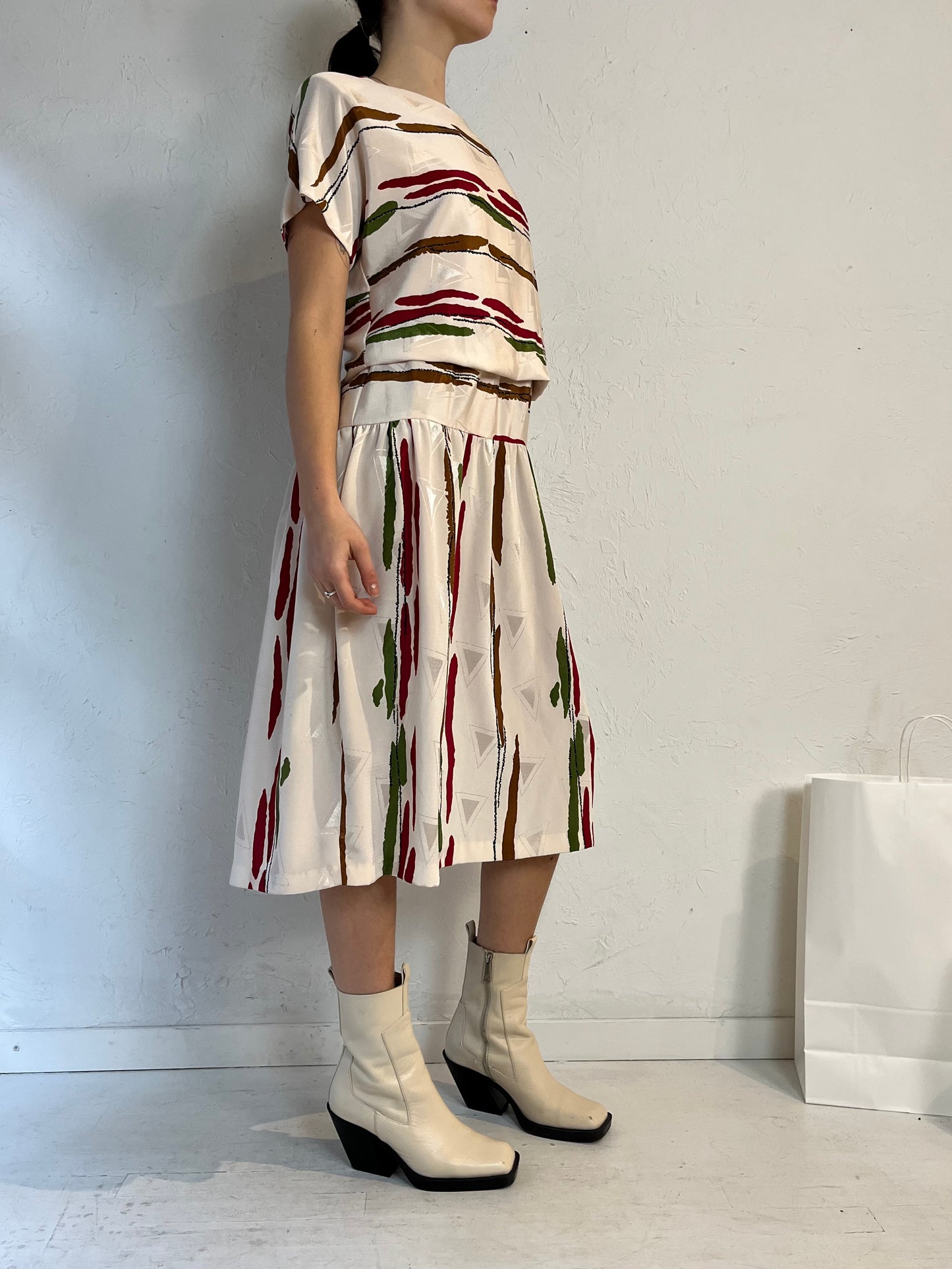 80s 'Nu Mode' Silky Patterned Midi Dress / Medium