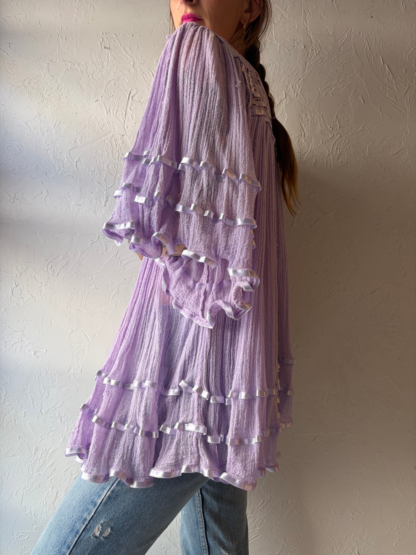 70s Purple Cotton Gauze Romantic Ruffle Boho Hippie Top / Meidum