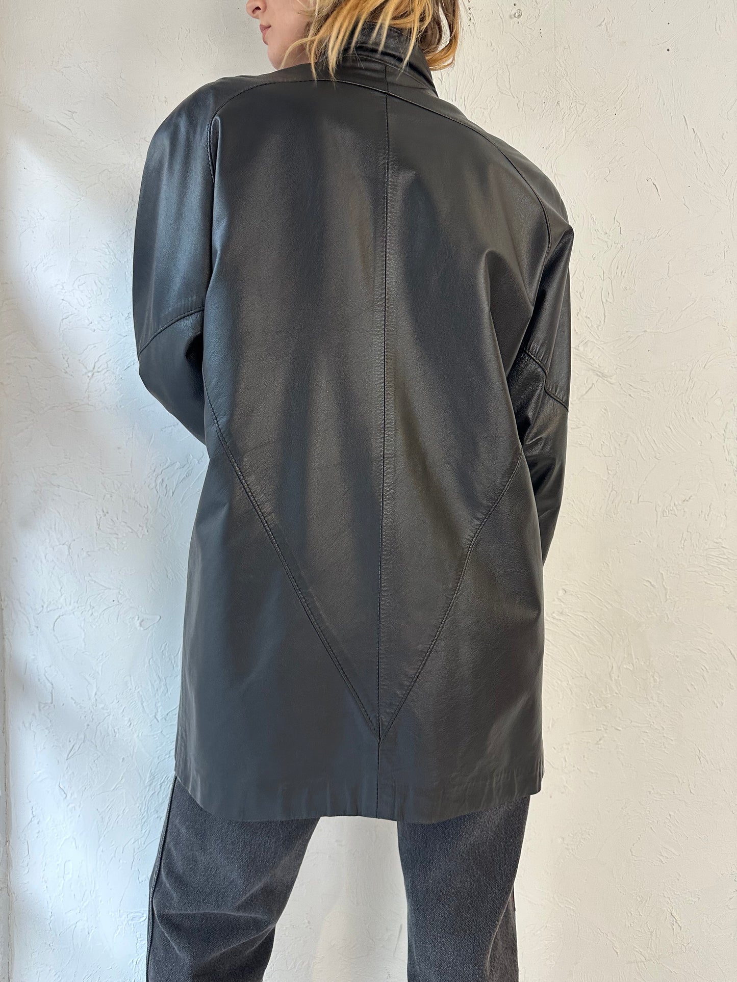 90s 'Leather Ranch' Black Oversized Leather Jacket / Medium