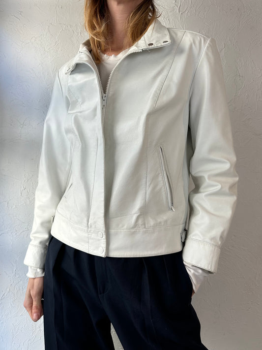 90s 'Winlit' White Leather Jacket / Small