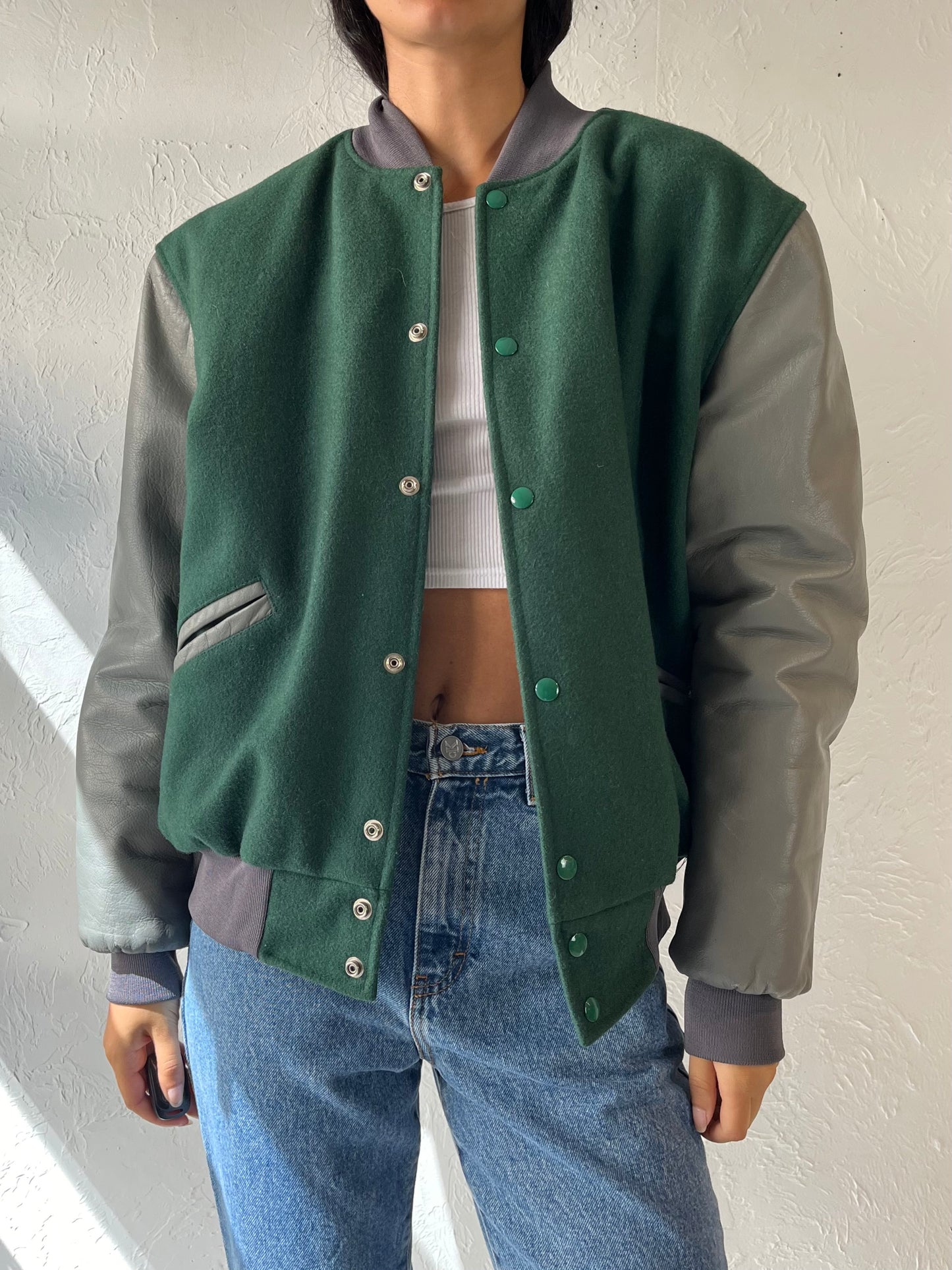 80s 'Chevron' Green Wool Leather Bomber Jacket / Medium