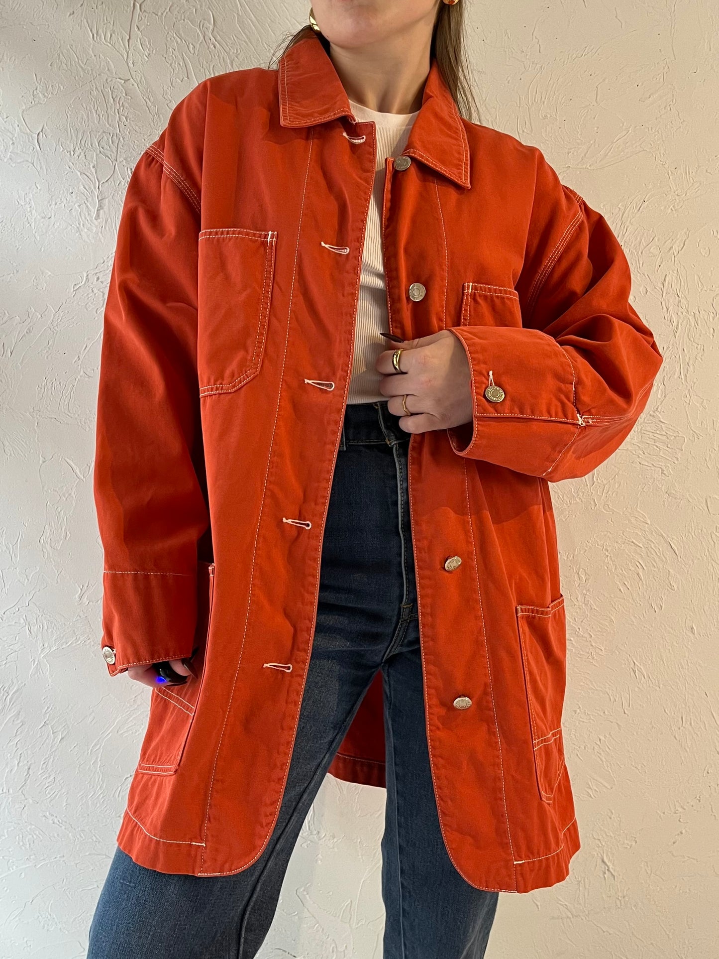 90s ‘Eddie Bauer’ Orange Cotton Chore Jacket / Small